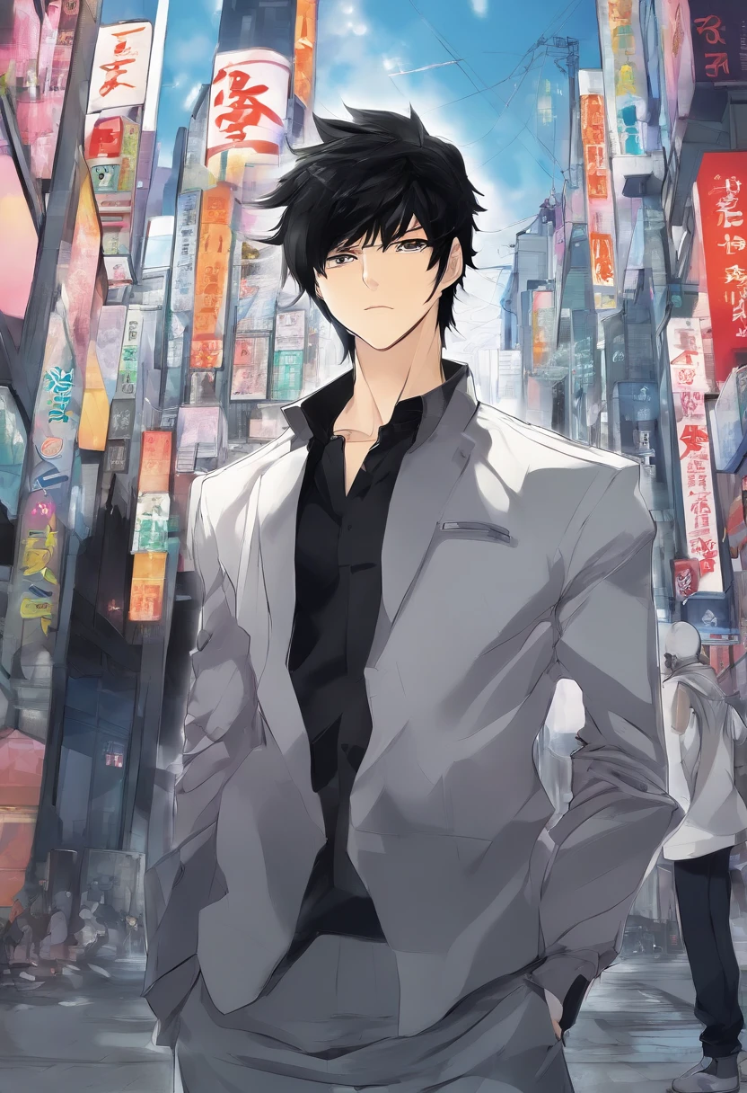 Man, ((black hair)), ((messy hair)), short hair, ((silver eyes)), seriously face, black shirt, night city in background, light brown skin