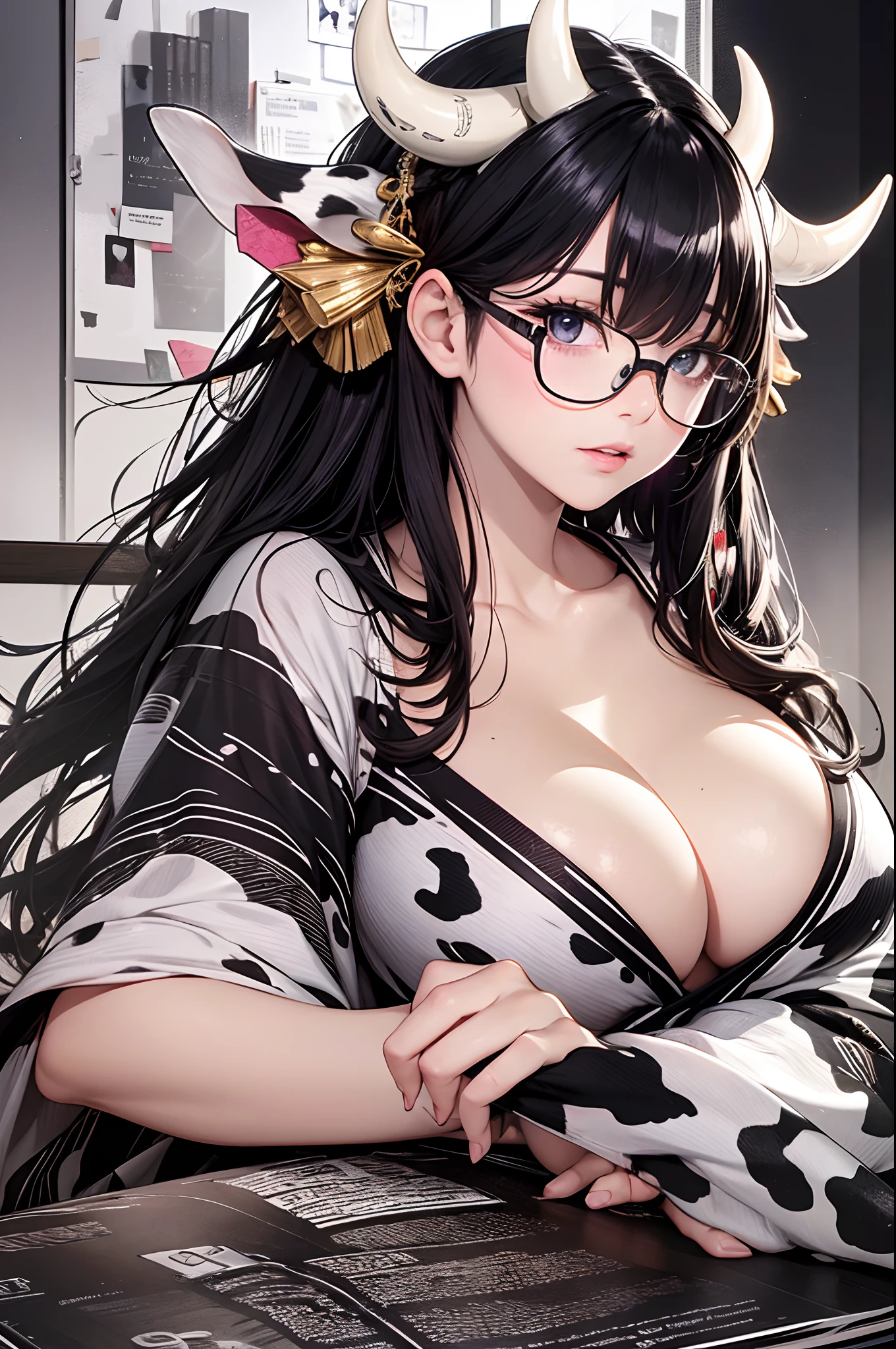 16K Ultra High Definition
Super detailed
The best of the best
Shiny detailed hair
Beautiful human woman with long hair
Super Big plump meat
Black and white cow print kimono
Cow ears and cow small horns
Shiny skin
Red cheeks
Moisturized eyes
Wearing glasses
Reading a book at a desk
Rich breasts on desk on library background