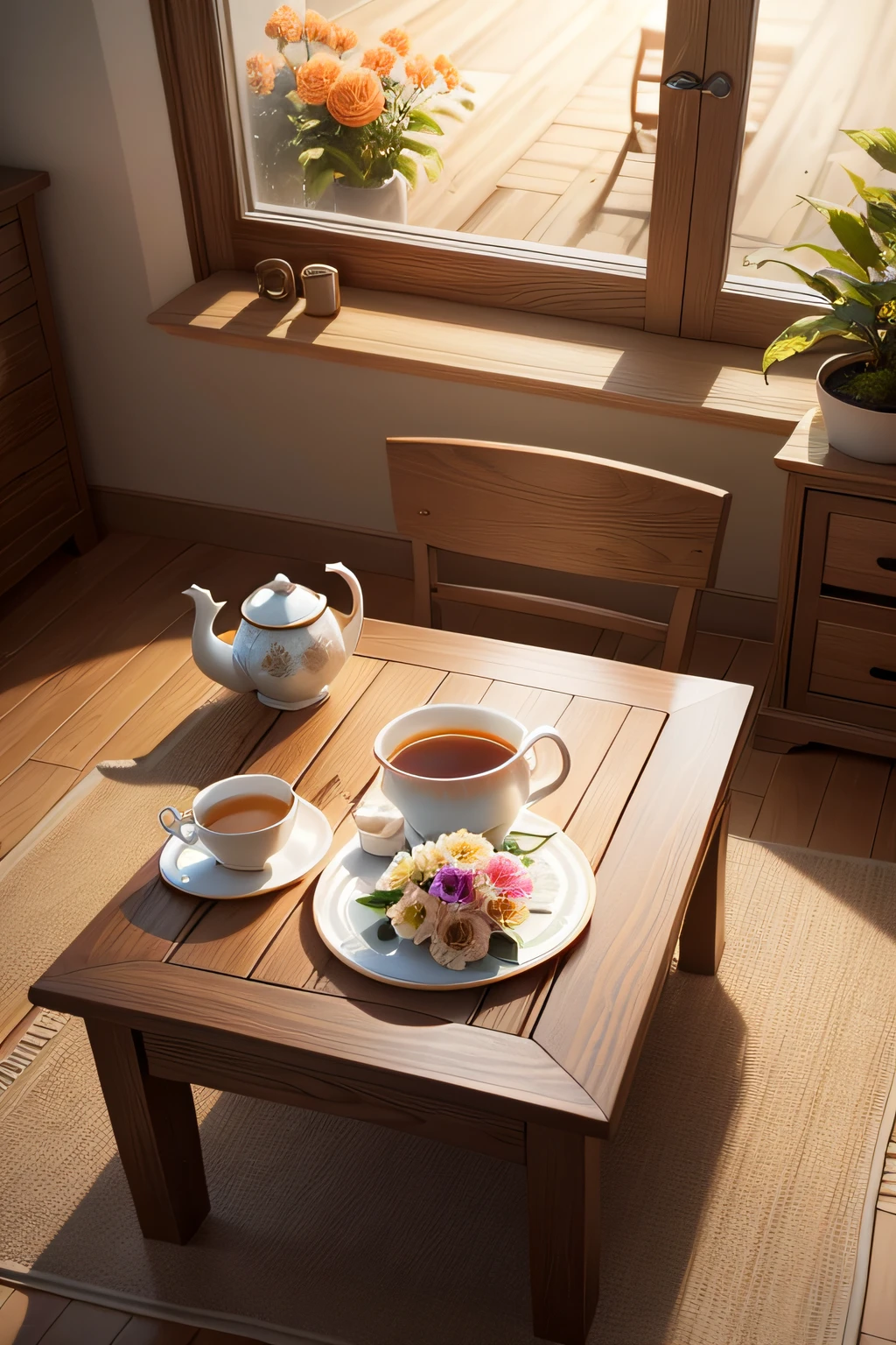 This warm and comfortable space makes people feel peaceful and comfortable。Sunlight poured in through the windows,Brings a warm touch to the room。On the table was a small box,One with tea,The other has a bouquet of flowers。There is a chair next to the wooden table,Quietly waiting for the arrival of the owner。Over here,We can let go of our busy lives,Enjoy a moment of tranquility,Savor the mellowness of the tea