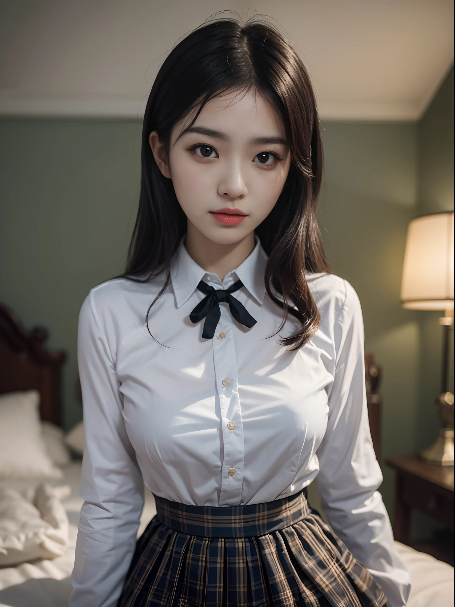 Bedroom at night、White collared shirt on bed、skirt by the、Hands on the buttons of the shirt、(in 8K) , ​master piece, (No retouching, Lip gloss, False eyelashes, Real Skin, of the highest quality, 超A high resolution, depth of fields, chromatic abberation, Caustics, Wide Lighting, Natural Shading))Korean Idols、Live action、Sauce order、Japanese Models, Shot with Canon EOA 6 D Mark II, taken with canon eos 5 d mark iv, Young Gravure Idol,