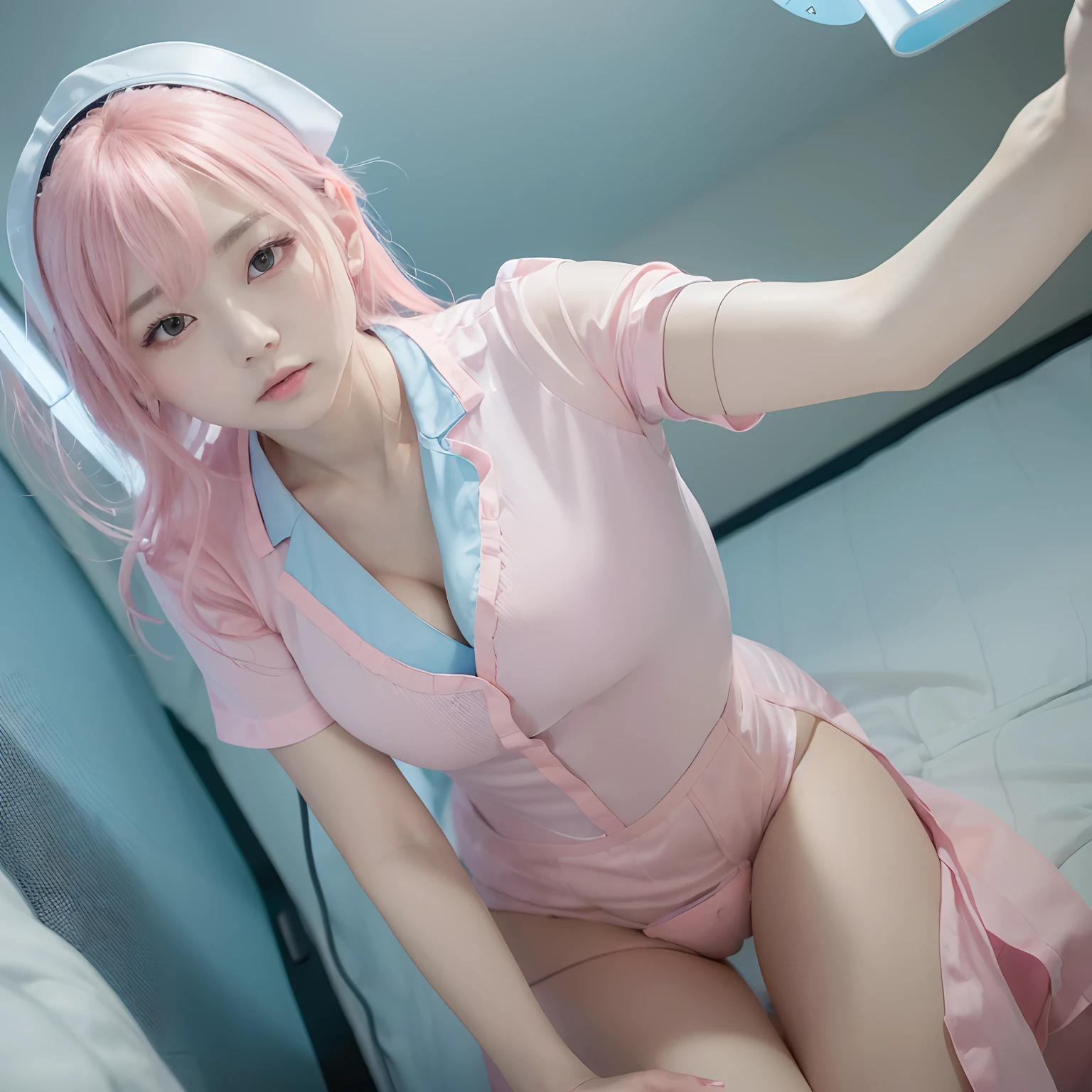 Masterpiece、(A futuristic hospital room with dazzling blue LED lighting)、((1 nursing assistant))。(Wearing a light pink nurse outfit:1.5)。40k、a picture、masterpiece、top-quality、(Gorgeous hair)。de pele branca、Beautiful Japan woman in different poses、((Very soft breasts))、hyperdetailed face、A detailed eye、A dark-haired、Near future wards、