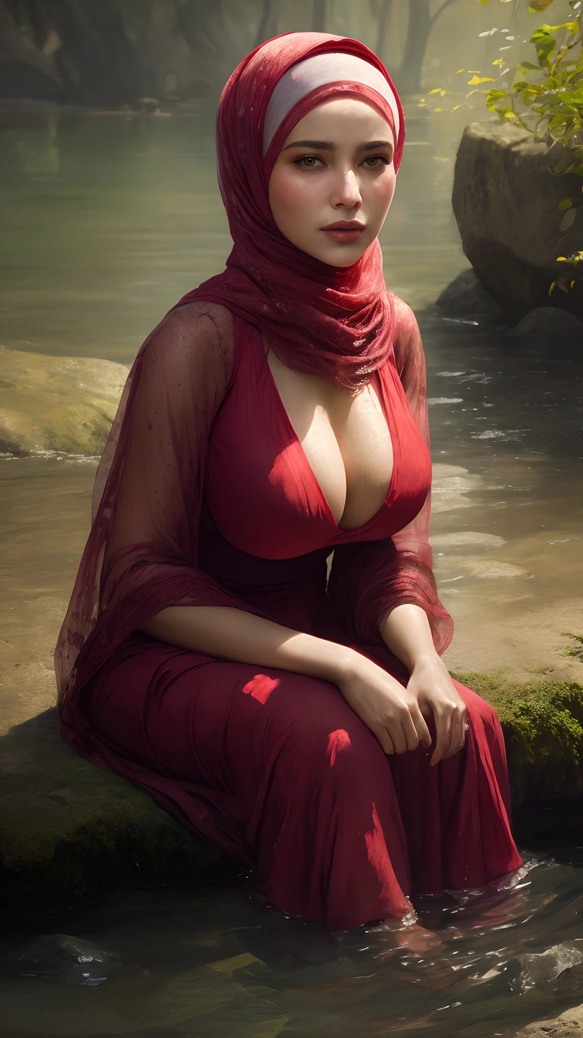 close-up portrait of a beautiful woman in hijab bathing in a river, wearing red net dress, big breast, showing large cleavage, reeds, The face is well-illuminated with frontal lighting, The woman gazes confidently and directly into the camera, her eyes captivating and filled with warmth, realistic, masterpiece, high quality, lens reflection, shadow, flower, [[chromatic aberration]], by Jeremy Lipking, by Antonio J. Manzanedo, digital painting,