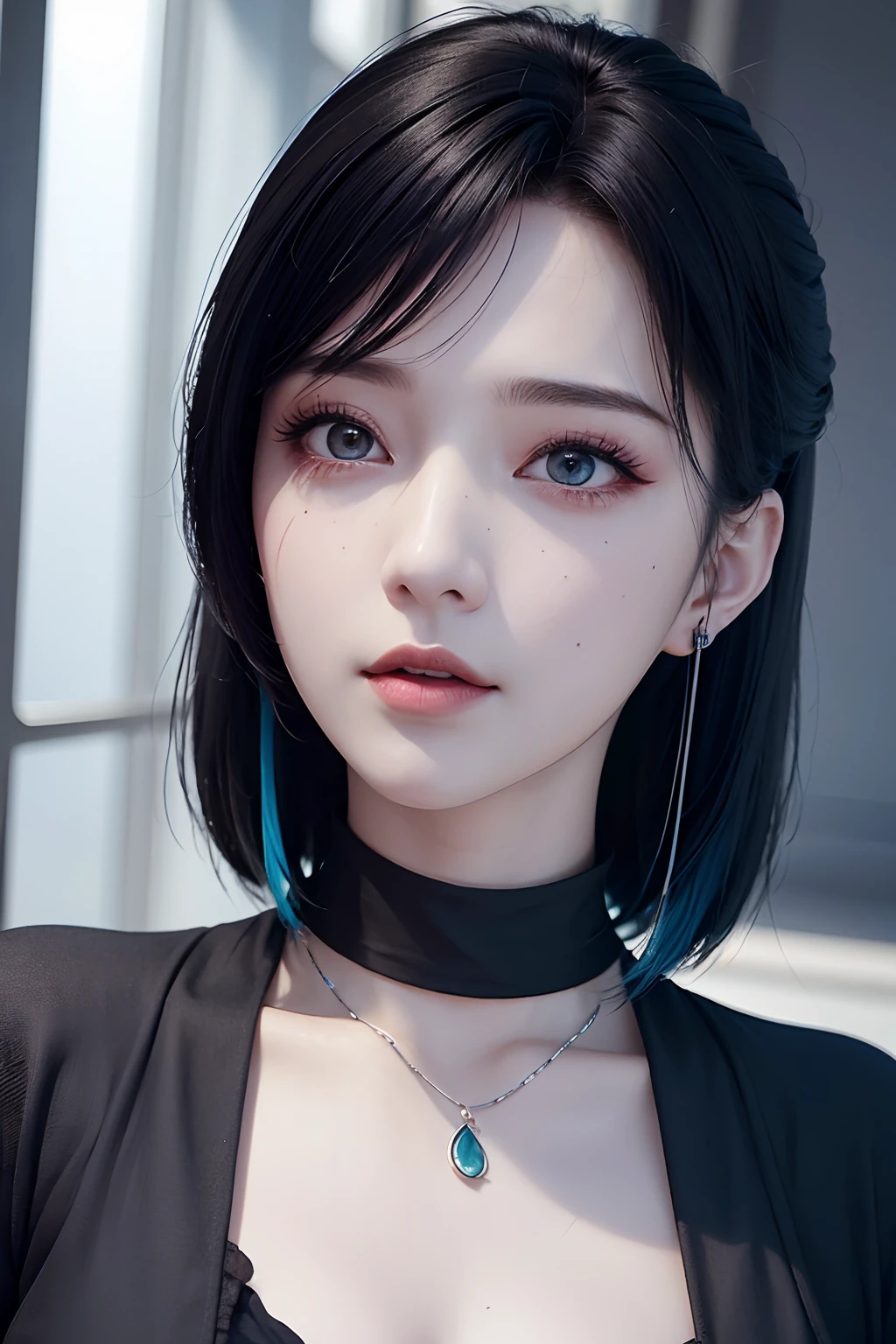 masutepiece, Best Quality,。.3D Lending Works ,。.3DMM Style,close-up,Portrait, 。.3D,1girl in, Solo, multicolored hair, Blue hair, Black hair, Necklace, freckle, Jewelry, Two-tone hair, Looking to the side, Realistic, Upper body, Simple background, Bangs, Looking away, Short hair, Parted lips, Black eyes, Lips, Gothic, Choker, makeup, Mole, Black shirt, Shirt, watermarked