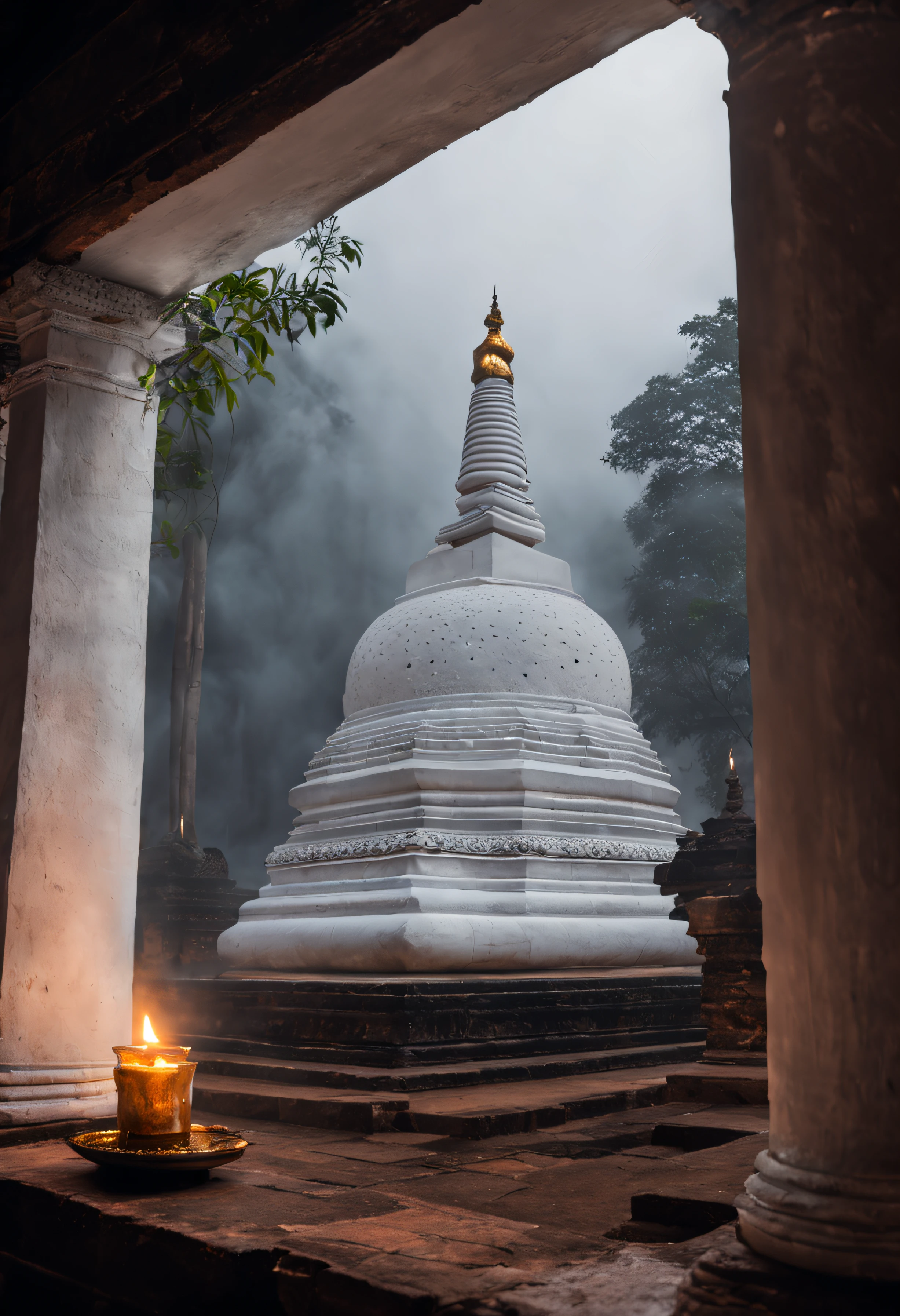 Sri Lanka
white stupa, buddhist temple,sunlight and fog, ,Sri Lanka
Thuparamaya , Mahiyangana Stup,Surrounded by a walled balcony, mystical hall, dark and candle light, sheer curtain,incense smoke,at night,a,, ,detail engraved , ,4k,cinematic,detail Dvaravati art