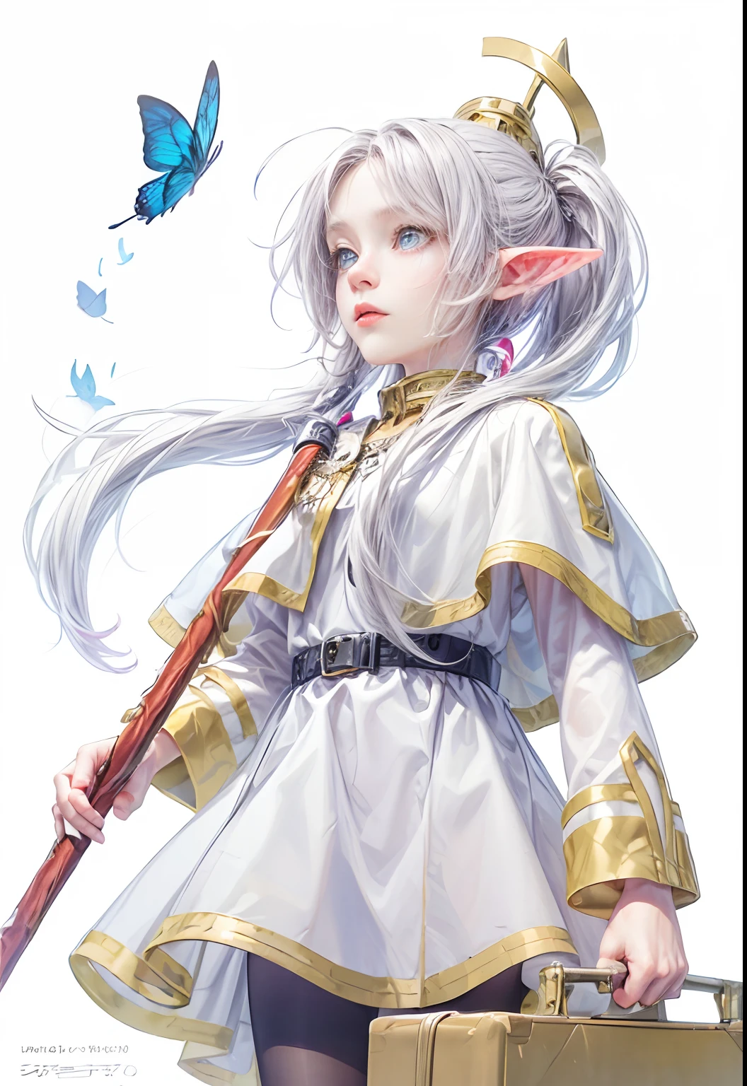 (((the elf))), ,Short silver-white hair,Long ponytails on the sides, Petite body, Radial luminescence,element retention,Hand luggage,Bibo pupils,iridescent eyes,face expressionless,Black tights,full bodyesbian, Eyes look at butterflies, lightwave, Panoramic lighting,Red copper long cane(The staff is on the shoulder), dawning, Smoothing: 5D, Light painting, Color, beauitful face, Clear facial features, clothes see-through, Stunning details