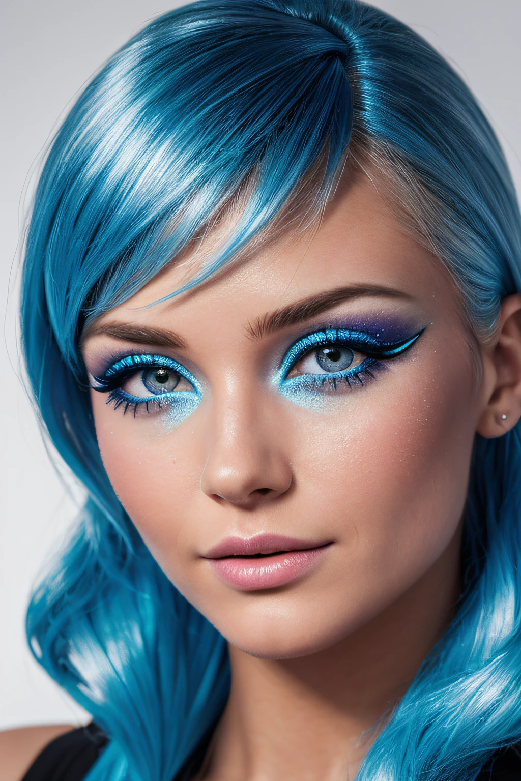 High detail RAW color ((closeup)) portrait of beautiful 22-year-old (Katrina Bowden:0.7) ((cute fun, athletic)), angular face, female, big eyes, ((wearing yoga gear)) cover, realistic, blue wig, ((blue glitter eyeshadow)), blue lipstick, symmetrical, highly detailed, hard lighting, cinematic lighting, ((Sean Archer)), contrast, textured skin, cold skin pores, Hasselblad, 45 degrees, hard light, flawless face