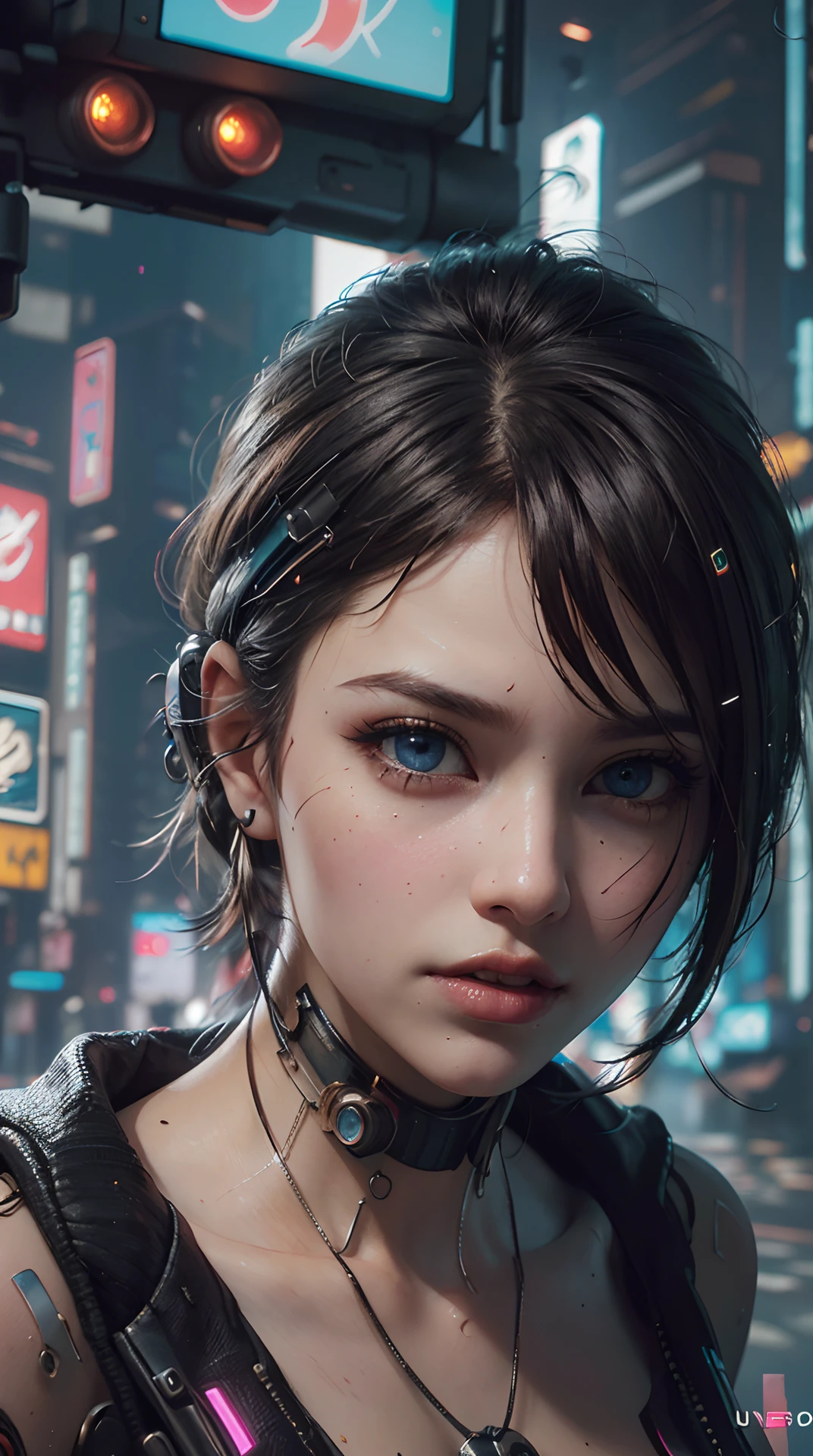 (best quality:1.33), (masterpiece:1.42), (realistic:1.24), (detailed:1.15), 1girl, adult female, short black hair, biochemical body, in a room full of computers, tech lab, dark, neon lights, dynamic pose
