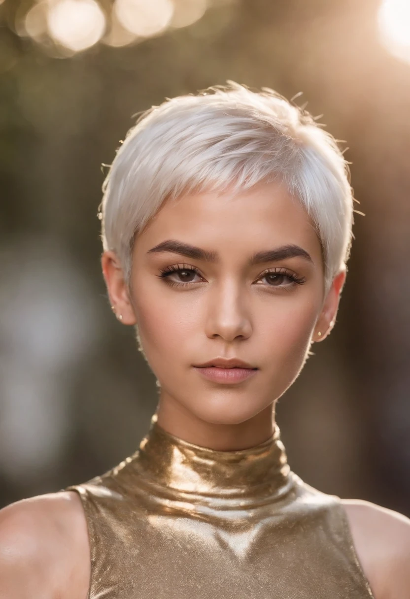 A 13 year old girl, dark skin, native American, very short hair with bangs, white hair, liquid golden bodysuit high collar, strong jaw, cheekbones strong, long eyelashes, purple irises, superhero, gold suit no seams, liquid metal gold suit with high collar, superhero suit gold liquid fully covered, native American, freckles, natural white hair, dark skin, gold turtleneck suit, skintight, stark white hair, bushy eyebrows, tan skin, very short hair, spitcurls, side burns curled, no seams in gold suit, collar to jawline, freckles purple eyes