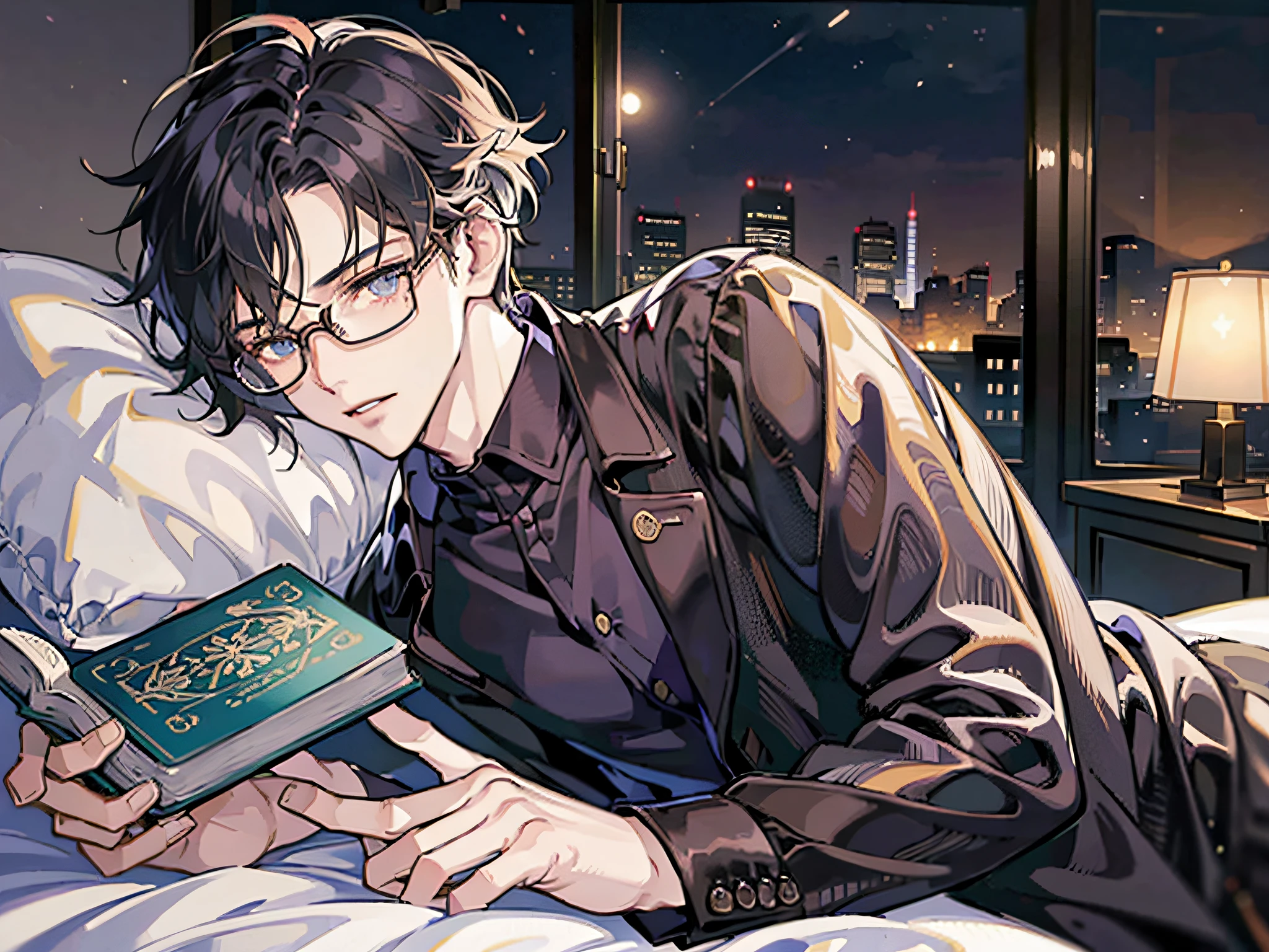 masutepiece, Best Quality, Boy in pajamas lying on bed, reading book, Solo, Handsome, Short hair, finely eye and detailed face, Dark midnight background, Dimly lit bedroom, Glasses, resting on a pillow, Head on pillow, From Side, look at viewr, full-body view