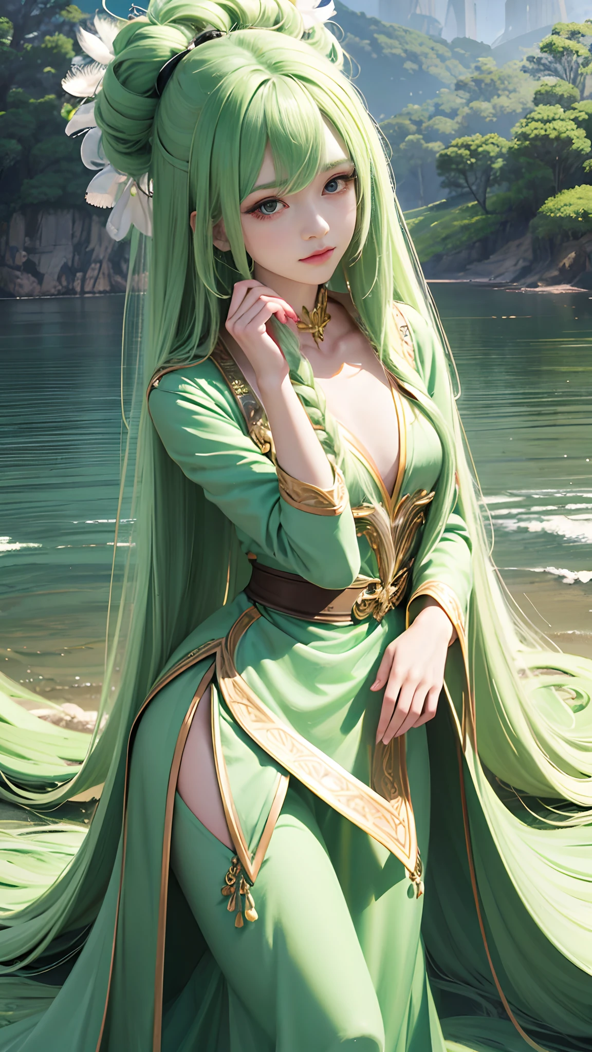 Drawing a woman with long hair and a feather hat, detailed portrait of anime girl, portrait anime girl, Artgerm. High detail, stunning anime face portrait, small breasts, digital anime art, art germ. Anime illustration, detailed digital anime art, anime girl portrait, green dress, realistic digital art 4k, realistic digital art 4k, realistic, aesthetic, attractive poses,