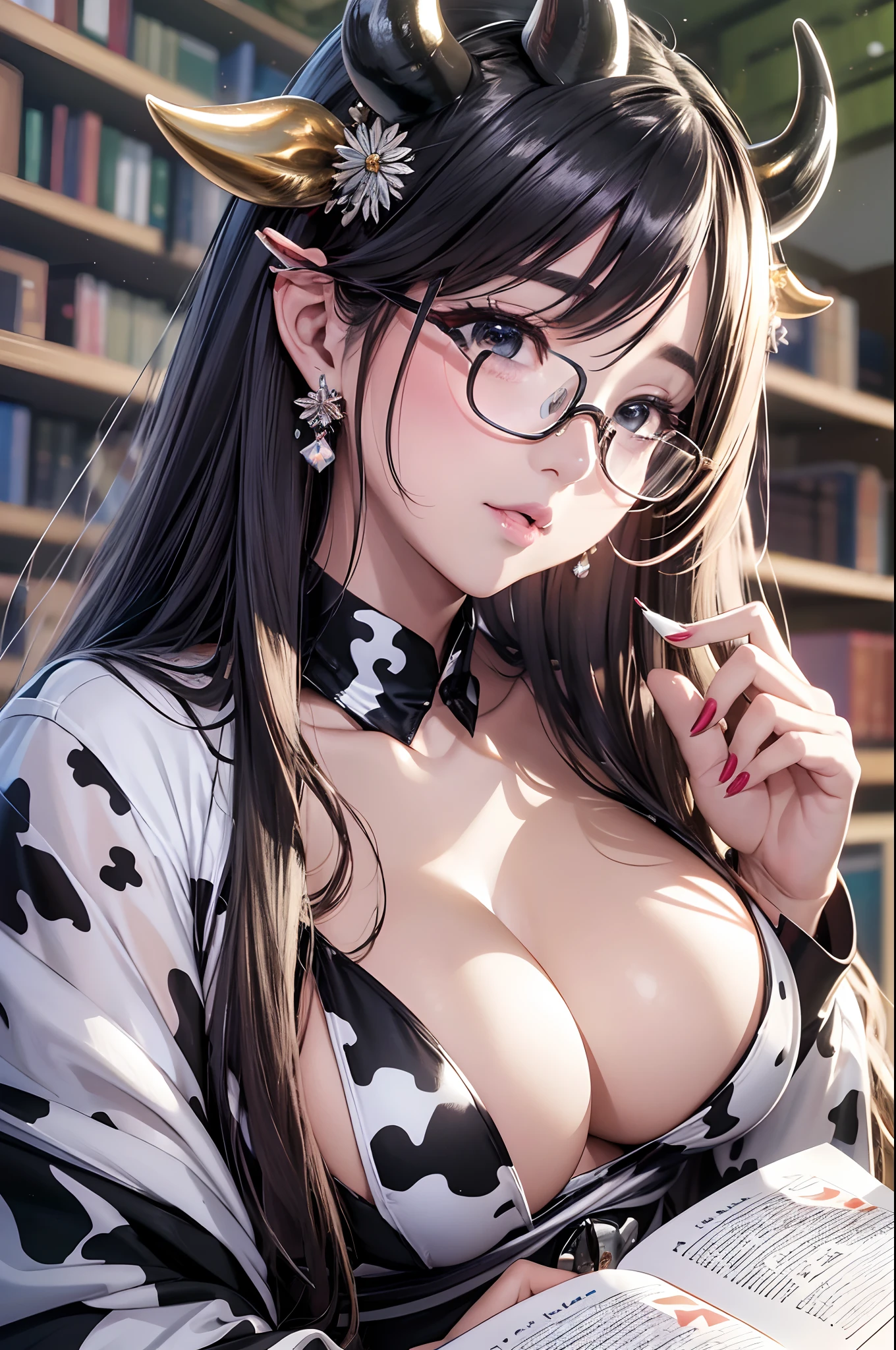 16K Ultra High Definition
Super detailed
The best of the best
Shiny detailed hair
Beautiful human woman with long hair
Super Big　plump meat
Black and white cow print kimono
Cow ears and cow small horns
Shiny skin
Red cheeks
Moisturized eyes
Wearing glasses
Reading a book at a desk
Rich breasts on desk on library background