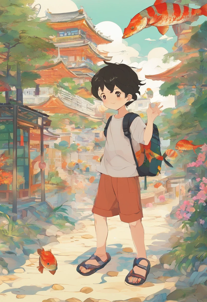 a sticker,1boys,simple backgound,Peaceful little fishing village,Tall lush trees,Sparkling sea,Sun-drenched golden sand,:1.1,Vibrant little village,Stone-paved paths:1.1,Round face,Black eyes, Black as a fountain of upturned hair, Cute , cartoonish style, 4 year old,full bodyesbian, Harpoon in hand,Fish basket on your back,vests,Large shorts,Barefoot,beachside:1.1,Turn your back to the reader,Towards the sea,Faraway view