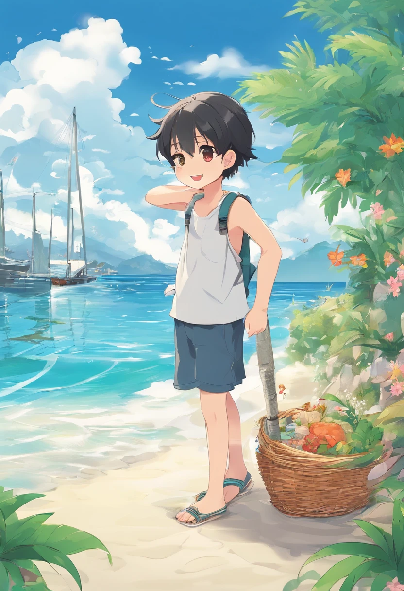 a sticker,1boys,simple backgound,Peaceful little fishing village,Tall lush trees,Sparkling sea,Sun-drenched golden sand,:1.1,Vibrant little village,Stone-paved paths:1.1,Round face,Black eyes, Black as a fountain of upturned hair, Cute little boy, cartoonish style, 4 year old,full bodyesbian, Harpoon in hand,Fish basket on your back,vests,Large shorts,Barefoot,beachside:1.1,Turn your back to the reader,Towards the sea,Faraway view