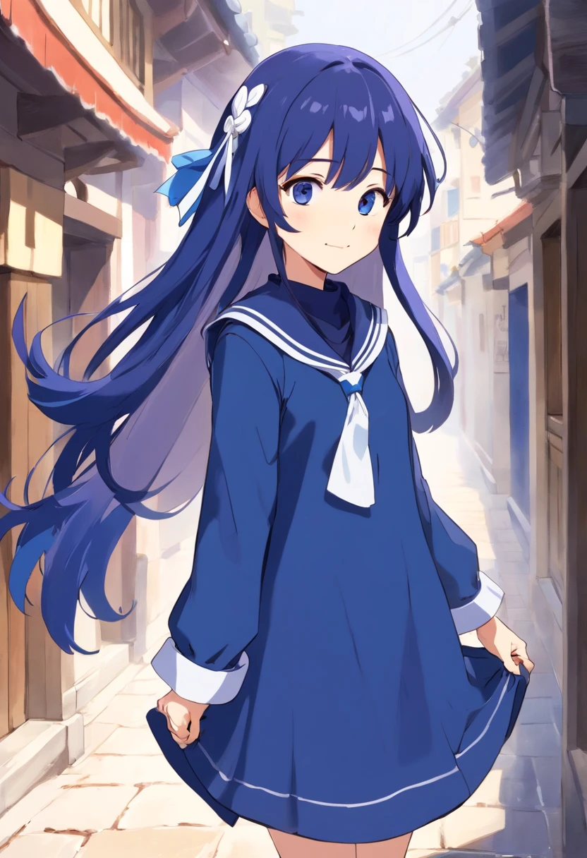1girl,cabello moraDo claro,ojos grises,flequillo contunDente,Corte Hime,Cabello largo,Pechos granDes vestiDos, aDorno para el cabello,They are smiling,boca abierta,bolsa,vestiDo,Uniforme escolar,Mochila escolar,^_^,Neckerchief,Visor De cara,Collar De marinero,(Dressed indigo:1.3),- Mangas ínDigo,VestiDo De marinero,mangas largas,:D,Cuello marinero blanco,En pie,white scarf,鎖骨,White cuffs,