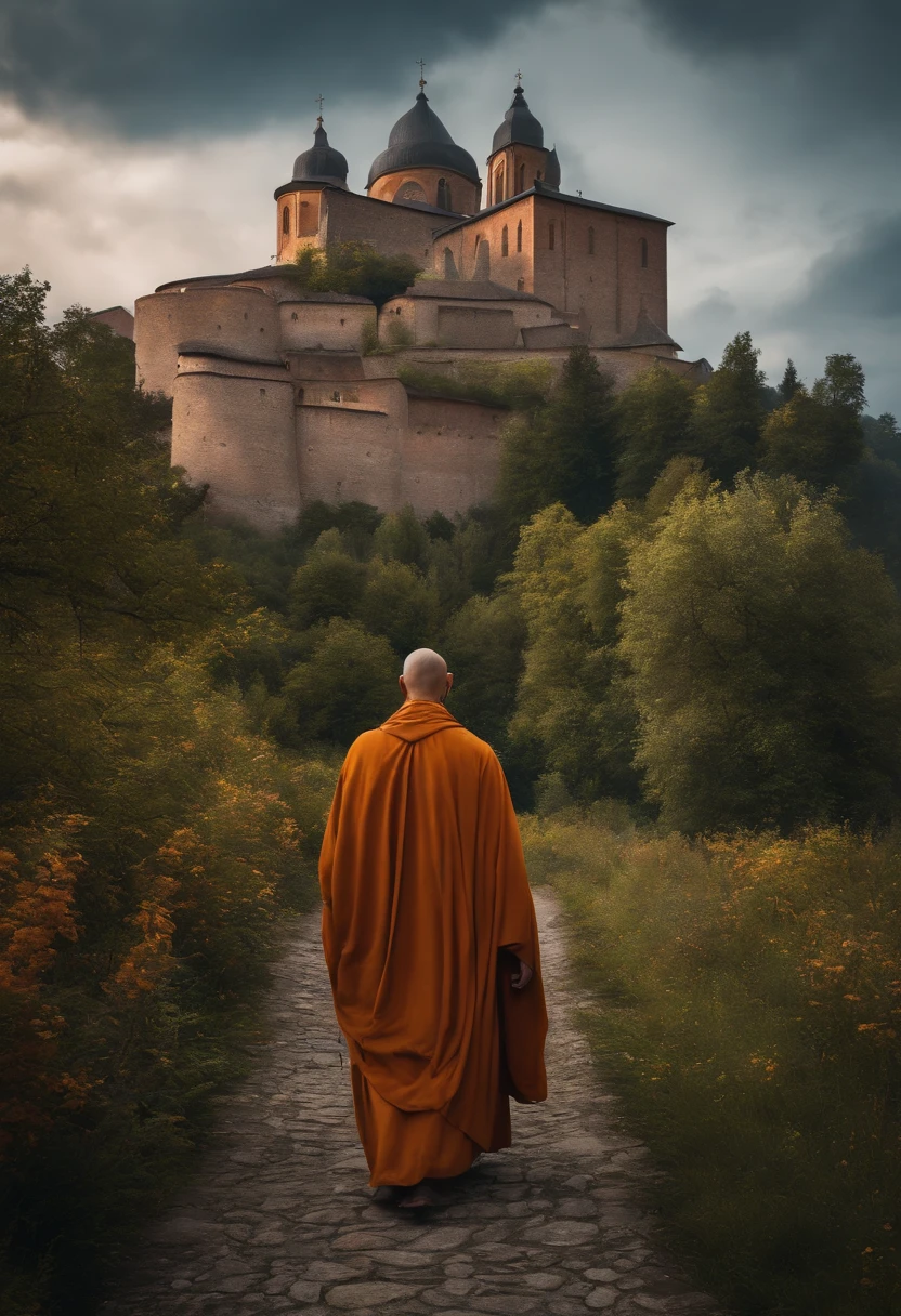 Monk, KLoster, fotorealistisch, Farbstil in 4K