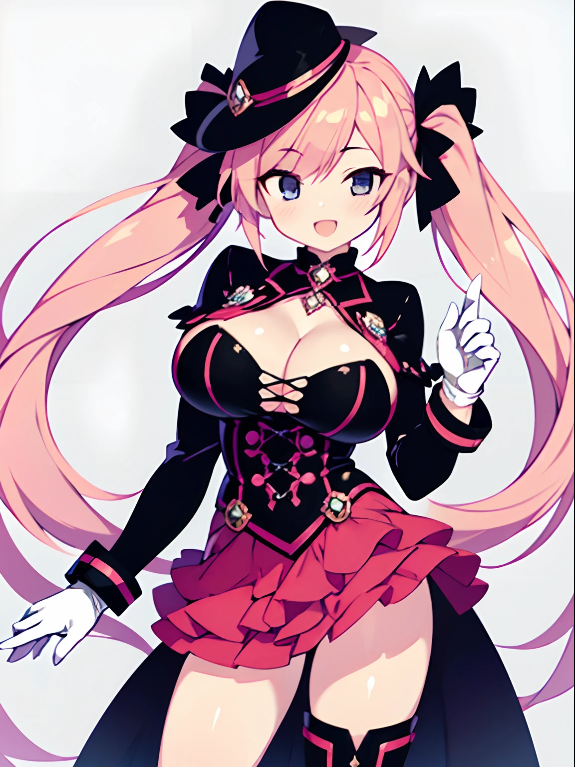 character sheet, Highly detailed and realistic CG, Colorful, Masterpiece, Best Quality, jewel-like eyes, 1girl, solo, pink hair, shiny hair, very long twintails, slender, skinny legs, black magicalgirl costume, layered skirt, luxury boots, black eyes, big boobs, sagging breasts, cleavage, hand on headwear, smile, jitome, half-closed eyes, standing, contrapposto, tsurime, monochrome background, white gloves, open mouth, pov, best quality eyes, stylish pose,