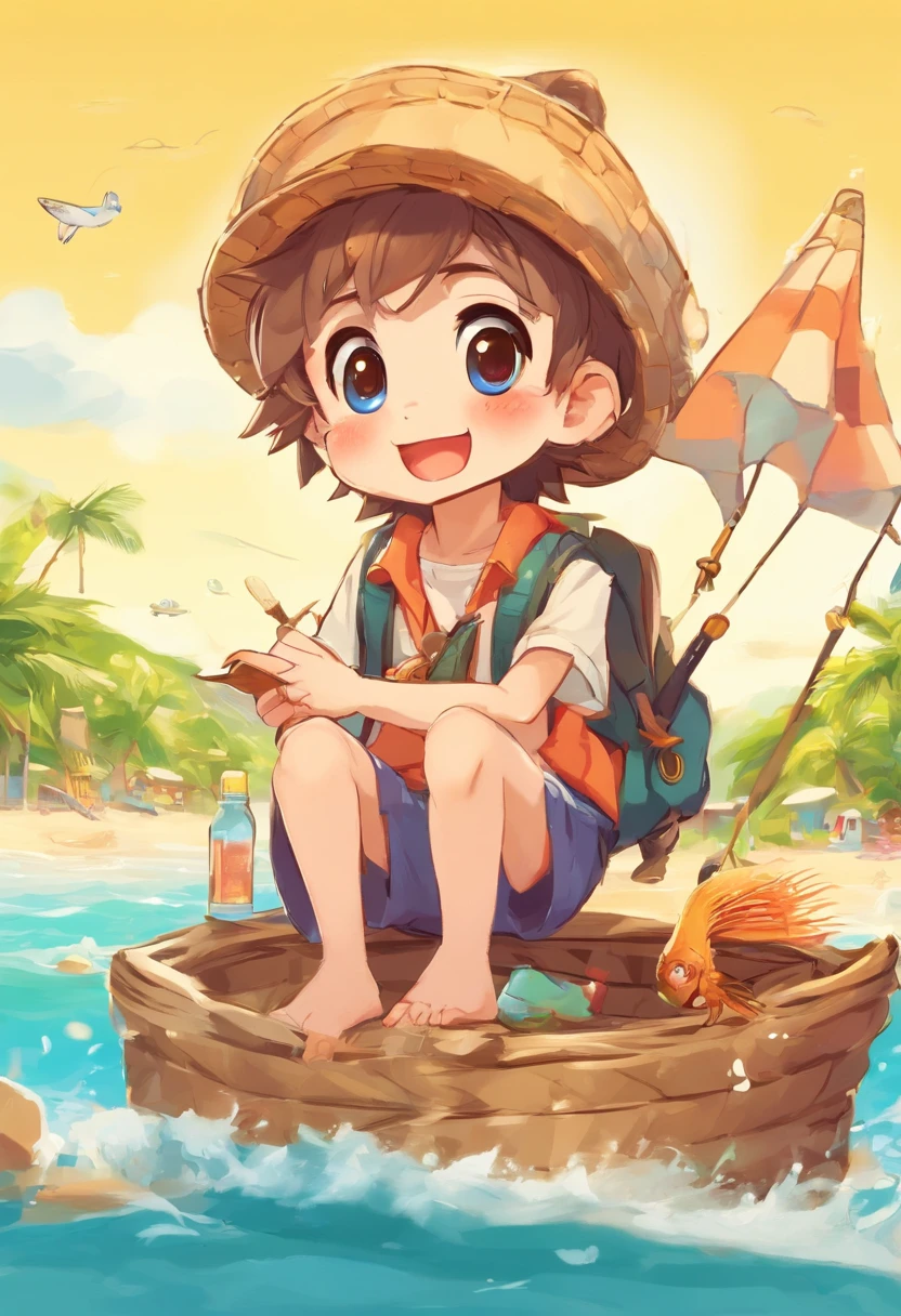 a sticker，1boys，simple backgound，Peaceful little fishing village,Tall lush trees，Sparkling sea,Sun-drenched golden sand,:1.1,Vibrant little village,Stone-paved paths:1.1,Round face，Black eyes, Black as a fountain of upturned hair, Cute  boy,on  back, Harpoon in hand，Fish basket on your back，vests，Large shorts，Barefoot，beachside:1.1,Turn your back to the reader，Towards the sea，Faraway view