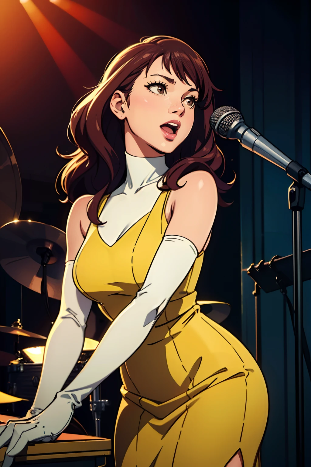 best quality,4k,8k,highres,masterpiece:1.2),ultra-detailed,(realistic,photorealistic,photo-realistic:1.37), vibrant colors, stage spotlight, vintage microphone, elegant hair, graceful pose, dynamic atmosphere, stylish interior, classic jazz era vibes, captivating performance, soulful expression, animated jazz band, rhythmic music, passionate singing, microphone stand, energetic crowd, glamorous ambiance, seamless visual composition, enchanting red lighting, risekujikawa, long hair, brown eyes, in a yellow dress, long white elbow gloves, holding old 1920s microphone, jazz club background, singing