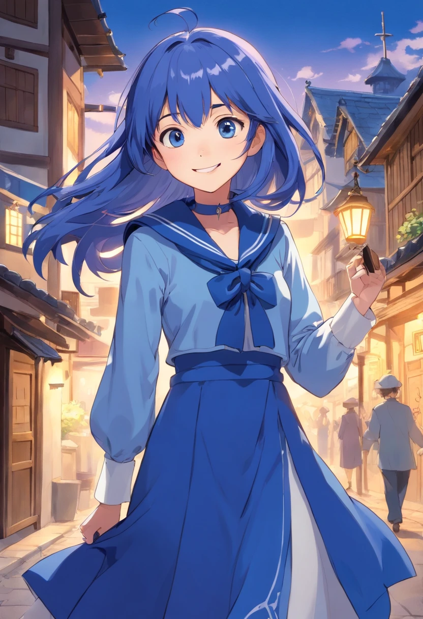 1girl,cabello morado claro,ojos grises,flequillo contundente,Corte Hime,Cabello largo,Pechos granDes vestiDos, adorno para el cabello,They are smiling,boca abierta,bolsa,vestiDo,Uniforme escolar,Mochila escolar,Neckerchief,Visor De cara,Collar De marinero,(Dressed indigo:1.3),- Indigo manga,VestiDo De marinero,mangas largas,:Cuello marinero blanco,En pie,white scarf,White cuffs,