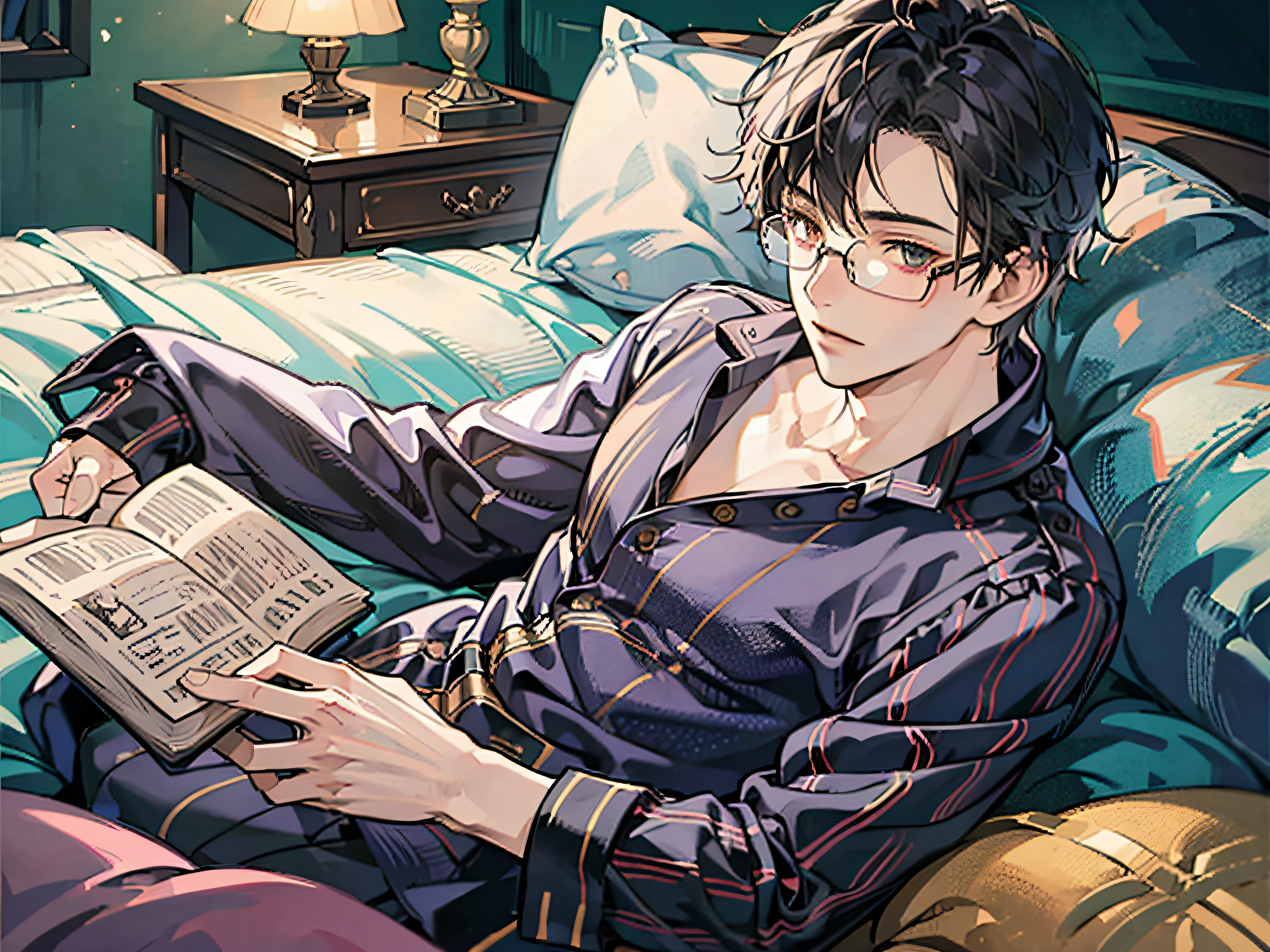 masutepiece, Best Quality, Boy in pajamas lying on bed, reading book, Solo, Handsome, Short hair, finely eye and detailed face, Dark midnight background, Dimly lit bedroom, Glasses, resting on a pillow, Head on pillow, From Side, look at viewr, full-body view