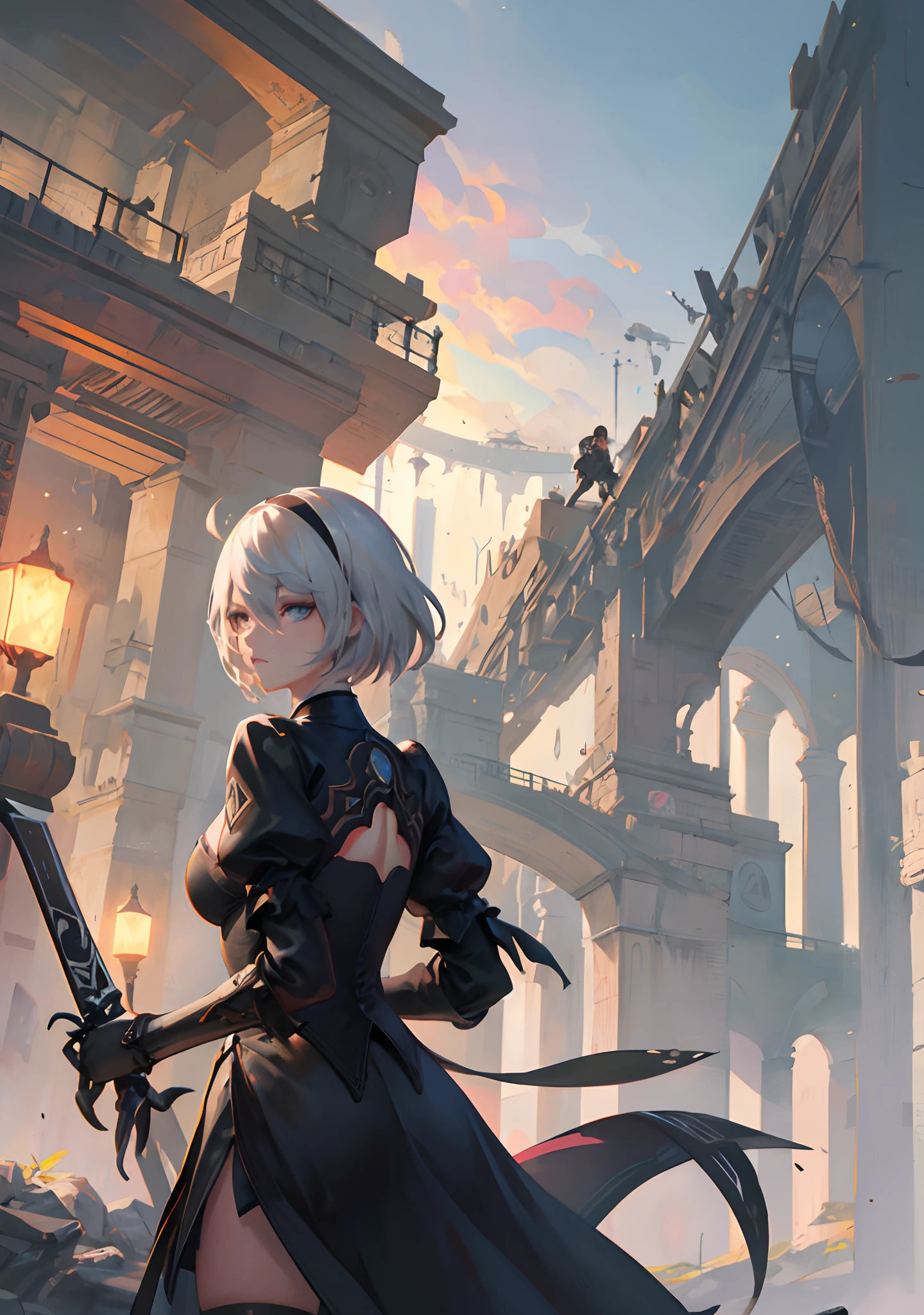 (best quality,8k,highres,masterpiece:1.2),(bad-ass,beautiful) blond woman in black clothing holding a sword, [evil] anime, [Rosa Chinensis] anime, (Guweiz-style:1.1) artwork, by [Yang J], [ArtStation:0.9], from [Guweiz's] art on Pixiv, featuring [William Ponggeluppi], 2B (Nier Automata), [Guweiz], [Zen Zero Art].