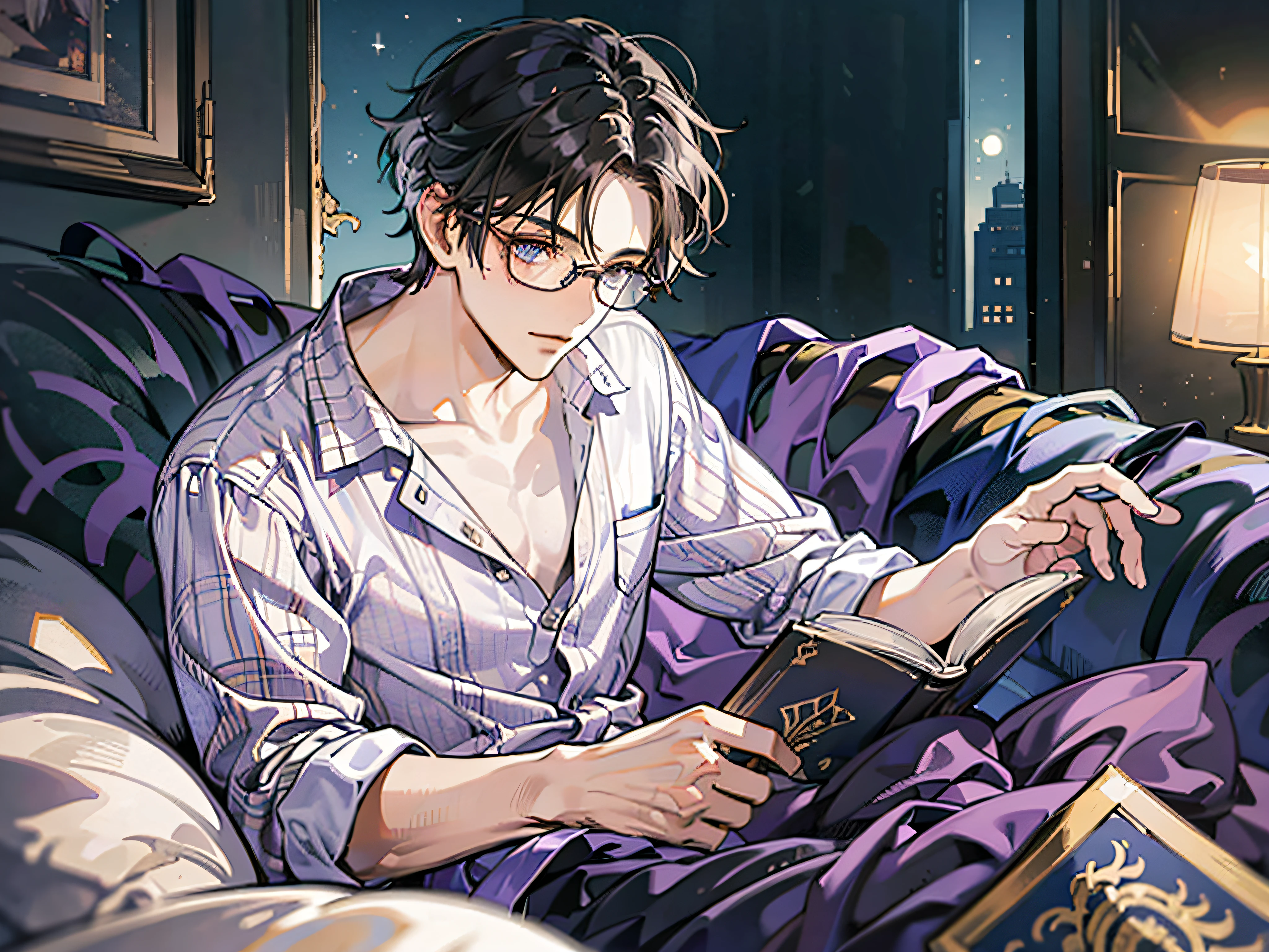 masutepiece, Best Quality, Boy in pajamas lying on bed, reading book, Solo, Handsome, Short hair, finely eye and detailed face, Dark midnight background, Dimly lit bedroom, Glasses, resting on a pillow, Head on pillow, From Side, look at viewr, full-body view