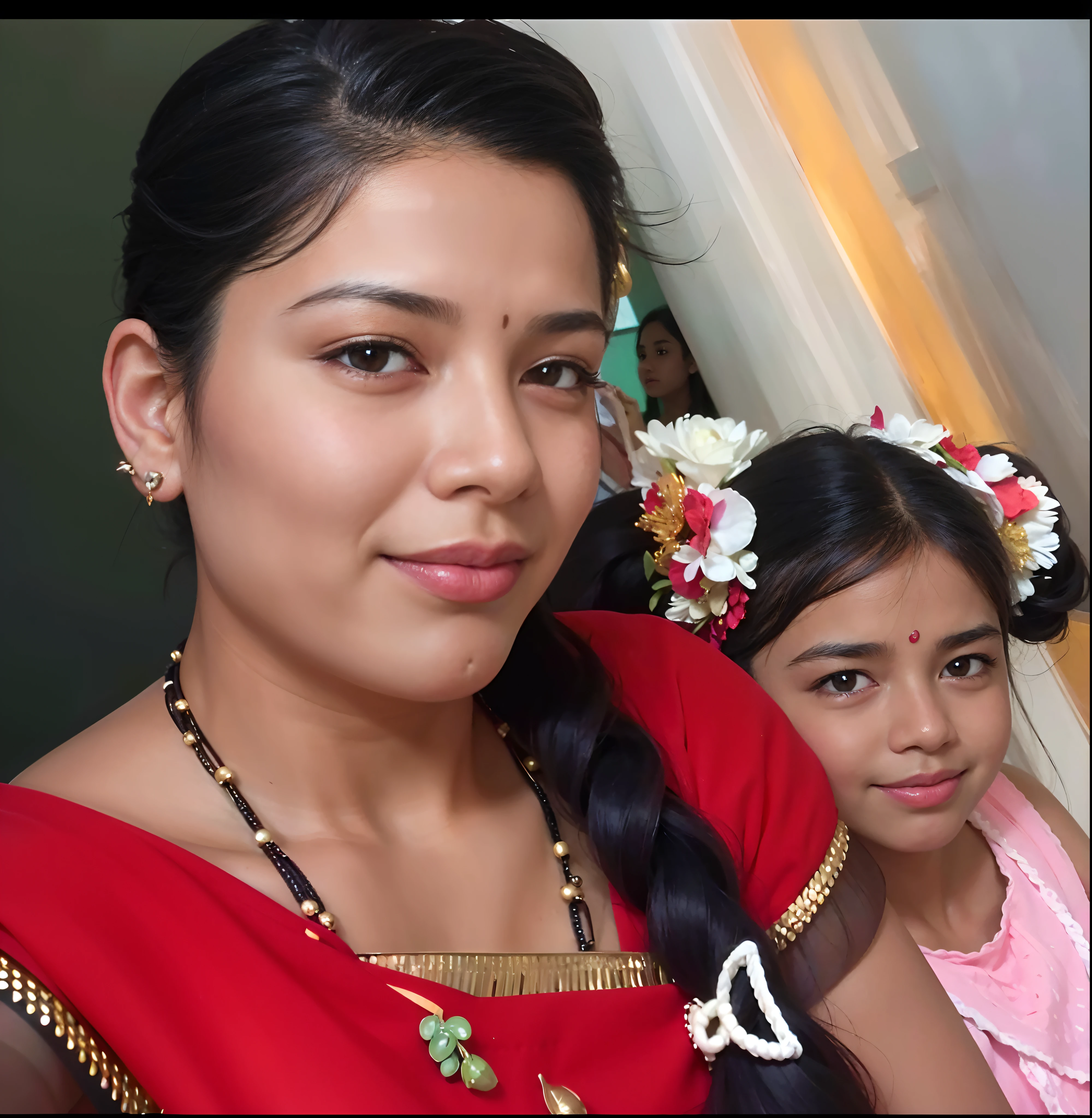 best quality, face focus, soft light, (depth of field) ,ultra high res, (photorealistic:1.4), RAW photo, (portrait:1.4) ,(from front)
1indian woman with girl, cute, (shy, smile:1.1), (brown eyes), detailed beautiful face, (midi_hair),
The Great Hall of a European Castle, walking,
(off shoulder shirt) facial-symmetry