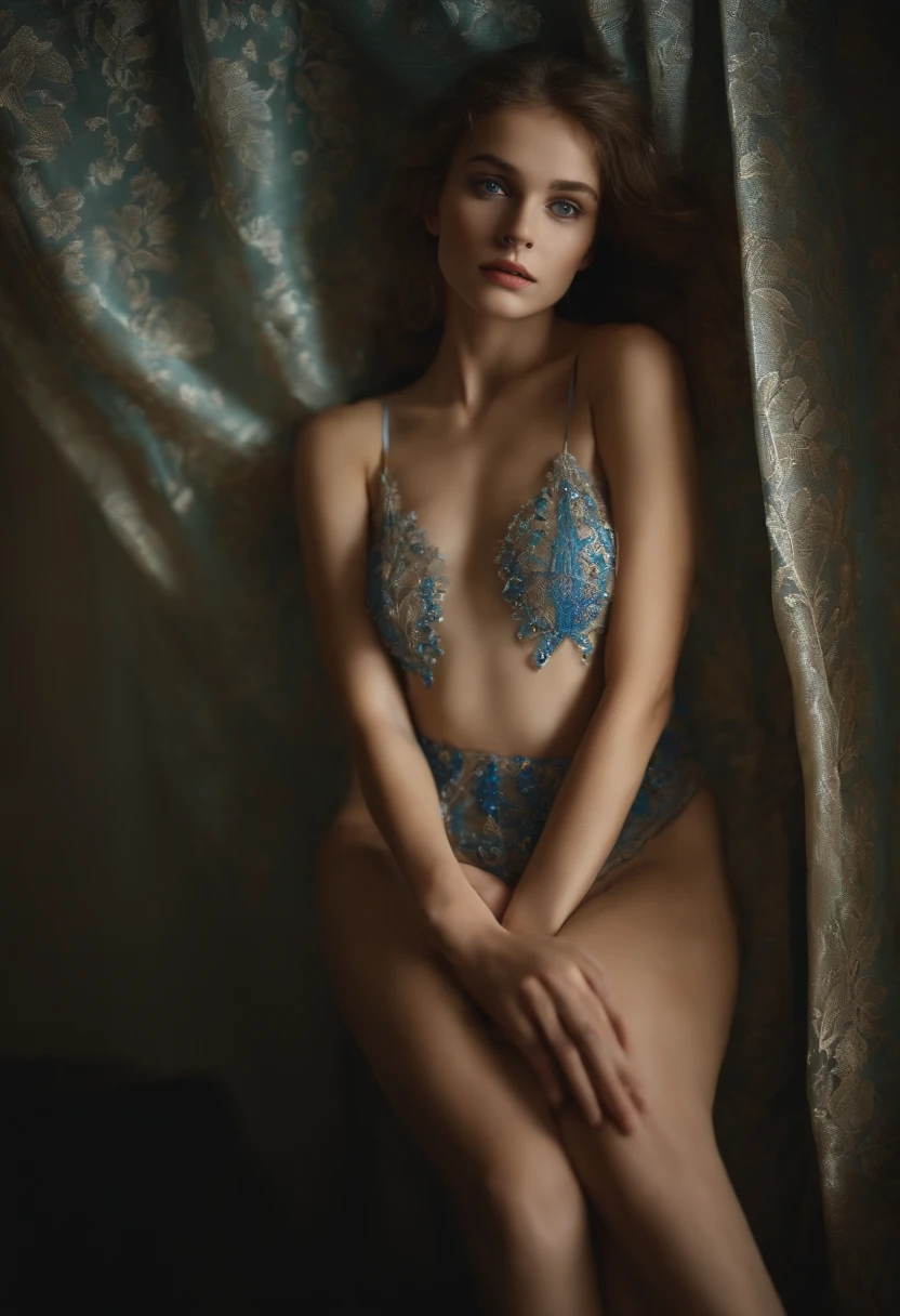 Vu sur tout le corps d'une adolescentes de 18 ans russe avec les yeux bleus, tall but very thin naked in bed