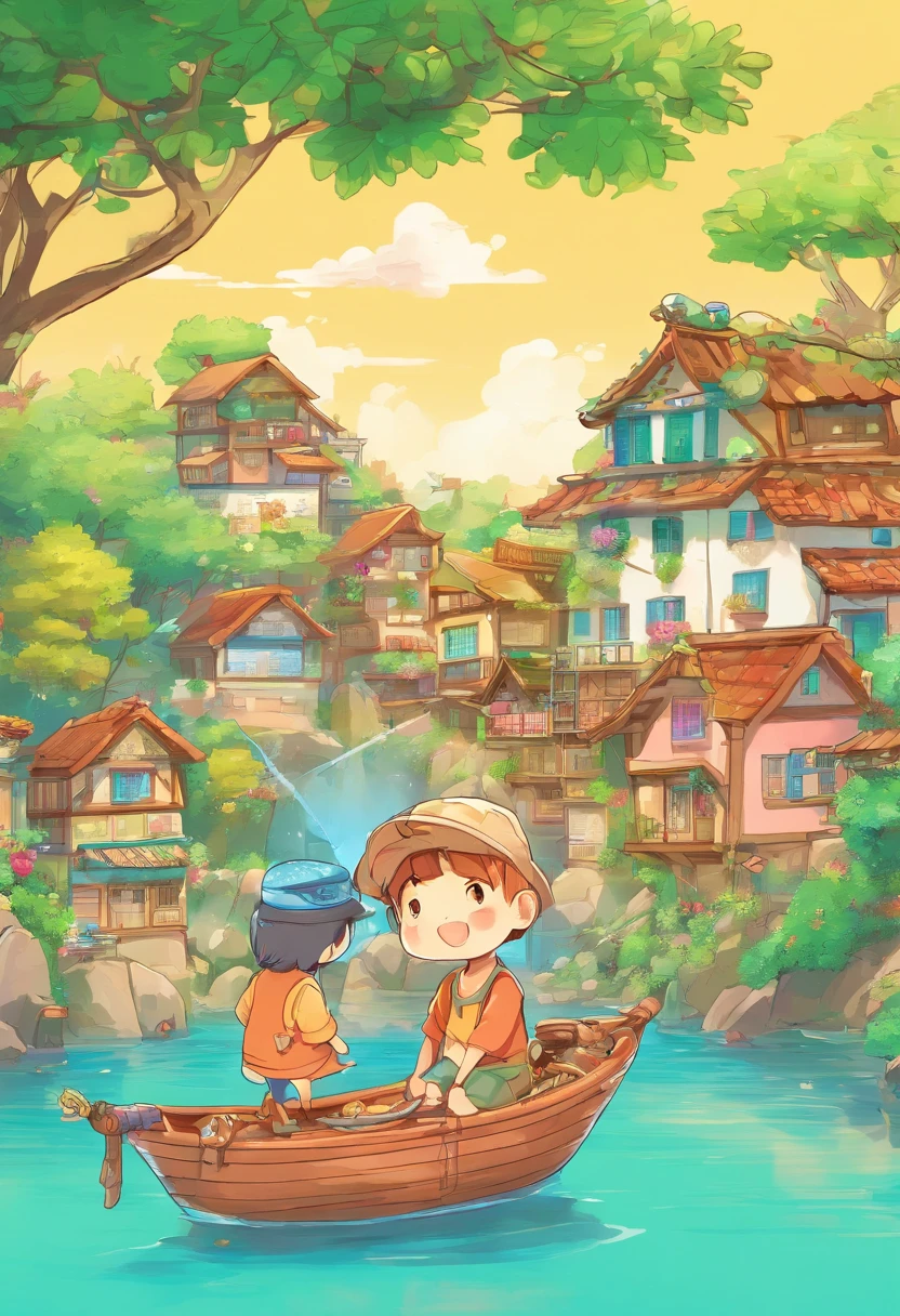 Draw a scene of a small fishing village,cartoonish style,In the distance is the turquoise ocean,and the sun was shining brightly。A tall ginkgo tree stands in the center of a small fishing village,The trees are full of foliage。Under the tree stands a fish basket with a head,The boy with his back to us。Focus on little