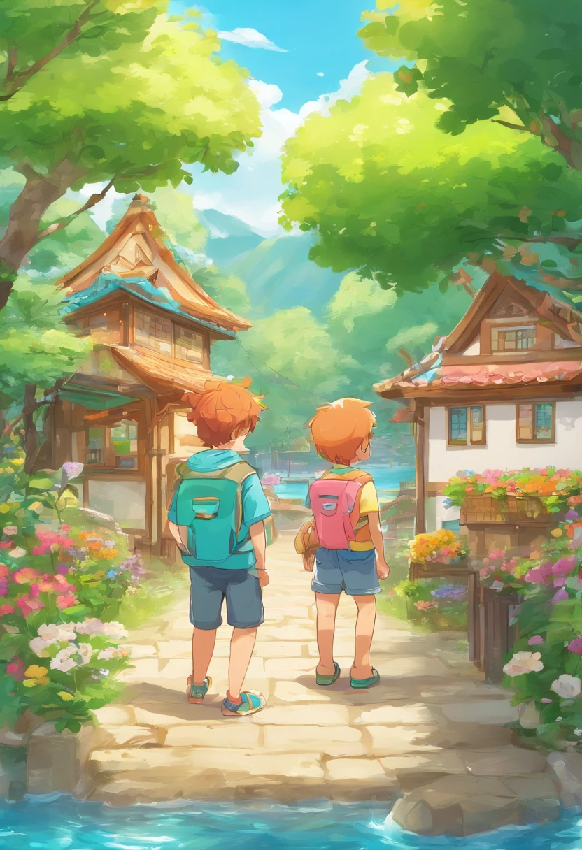 Draw a scene of a small fishing village,cartoonish style,In the distance is the turquoise ocean,and the sun was shining brightly。A tall ginkgo tree stands in the center of a small fishing village,The trees are full of foliage。Under the tree stands a fish basket with a head,The little boy with his back to us。Focus on little boys
