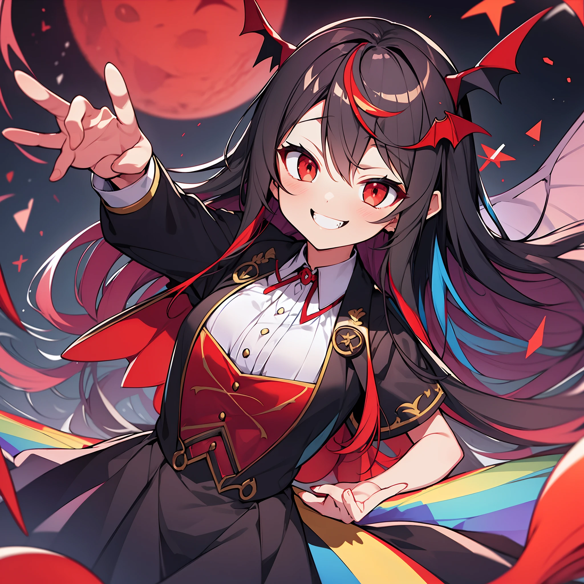 absurderes, superfine illustration,rainboweffect, hight resolution, ultra-detailliert,Light diffusion,highly detailed light reflection, Kaleidoscope, Harmonious, Best Shadow, fullllbody, zoomout, Very detailed very beautiful adult big smile, Red Eyes, Vampire tooth fangs, Boolean surface, Blood from the mouth, Smirk,Bat Wings, Cute smile, Shining red moon, beautiful detailed High school uniform