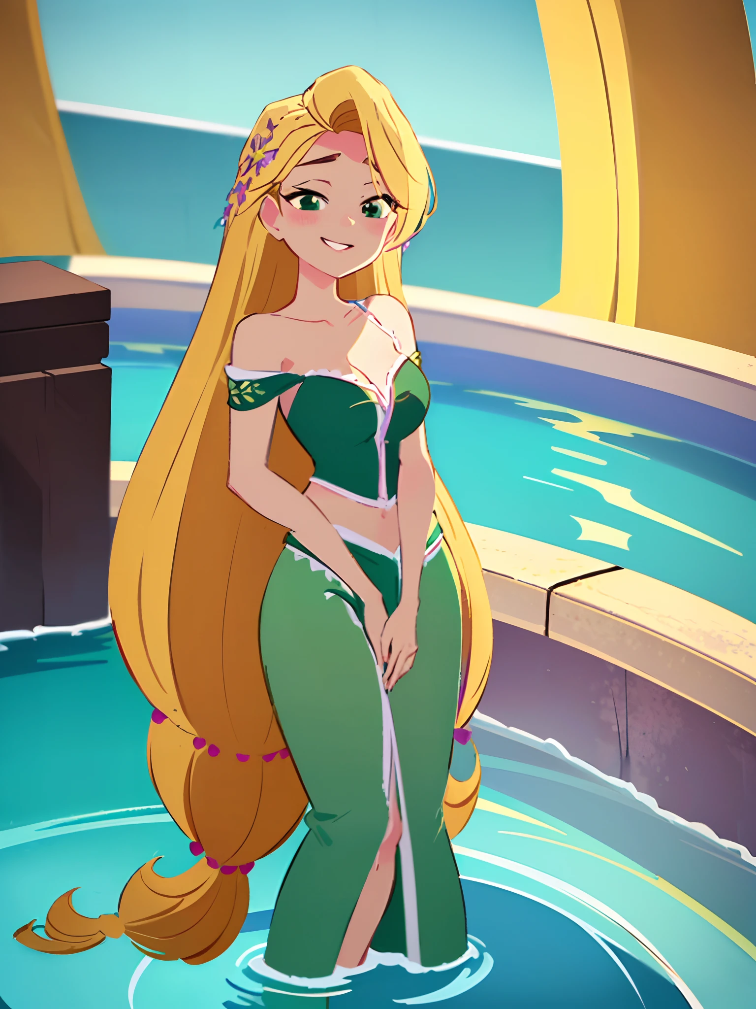 (masterpiece, best quality, high resolution: 1.5) Rapunzel stands up in the pool and kisses the viewer. Nude, detailed nipples,  detailed vagina, stands in the pool, kisses the viewer, green island outfit, (loose hair: 1.7), great smile, green eyes, close up camera