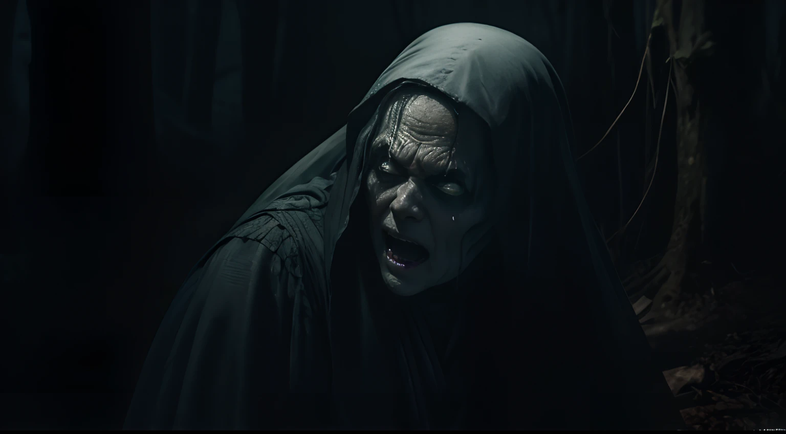 (Ghost) of old women in dark forest, (angry face), (wraith), nightime, creepy, horror, very old, undead crone, incorporeal, Alphonse mucha, screaming, horror art, dread, Best quality, masterpiece, ultra high res, (photorealistic:1.4),unnerving, unsettling, terrifying, 80mm, horror lighting, dynamic action