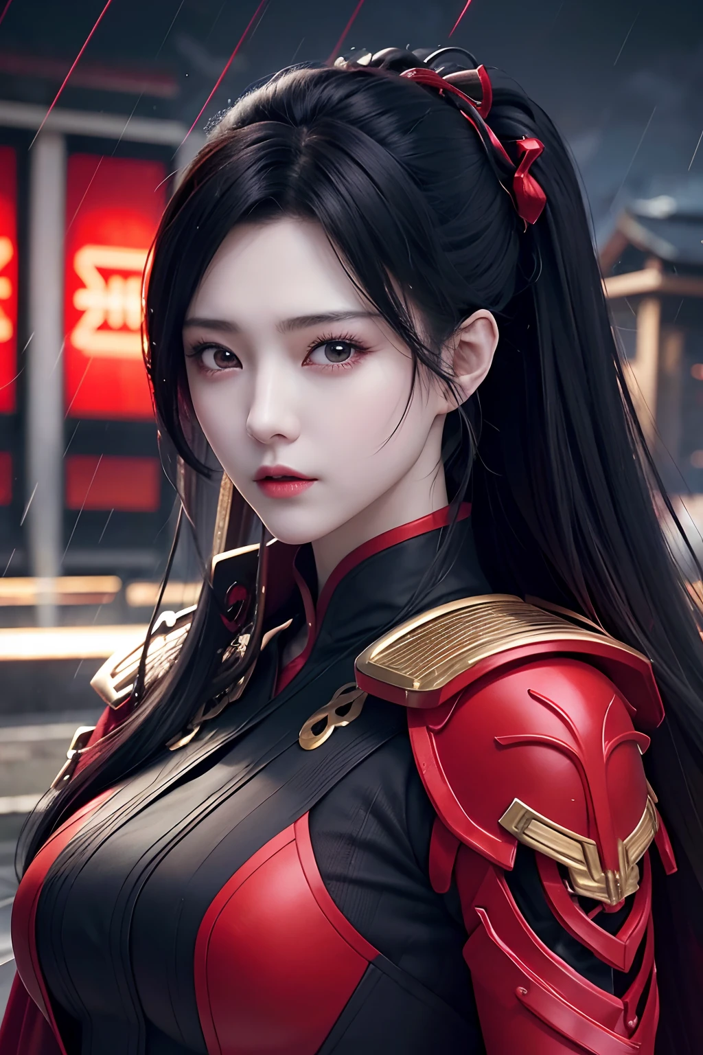 1 japanese girl, War Frame, complex pattern, heavy metal, energy line, Faceless, Glowing eyes, Elegant, Formidable, Blood red and black uniform, Solo, Modern, city, A city scape, dark clouds, thunderstorm, Heavy rain,, Dramatic Lighting,, (masutepiece:1.2), Best Quality, High resolution,   Beautiful detailed, Extremely detailed, Perfect Lighting,