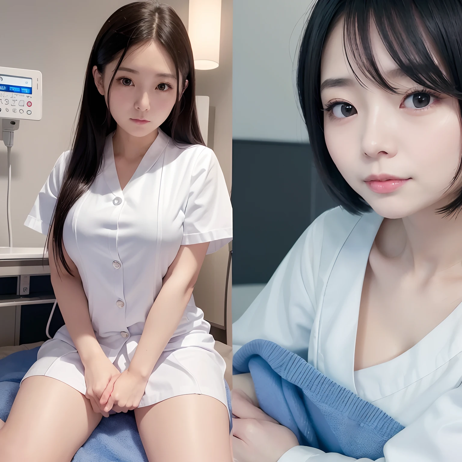 Steppiece、(Futuristic hospital room with dazzling blue LED lighting)、Near future wards、((Nursing Assistant))。(White nurse uniform:1.5)。40k、a picture、​masterpiece、top-quality、(Gorgeous black hair)。de pele branca、Beautiful Japan woman in different poses、((soft breasts))、hyperdetailed face、A detailed eye、Near Future Ward、Comfortable hospital room、Sense of cleanliness、
