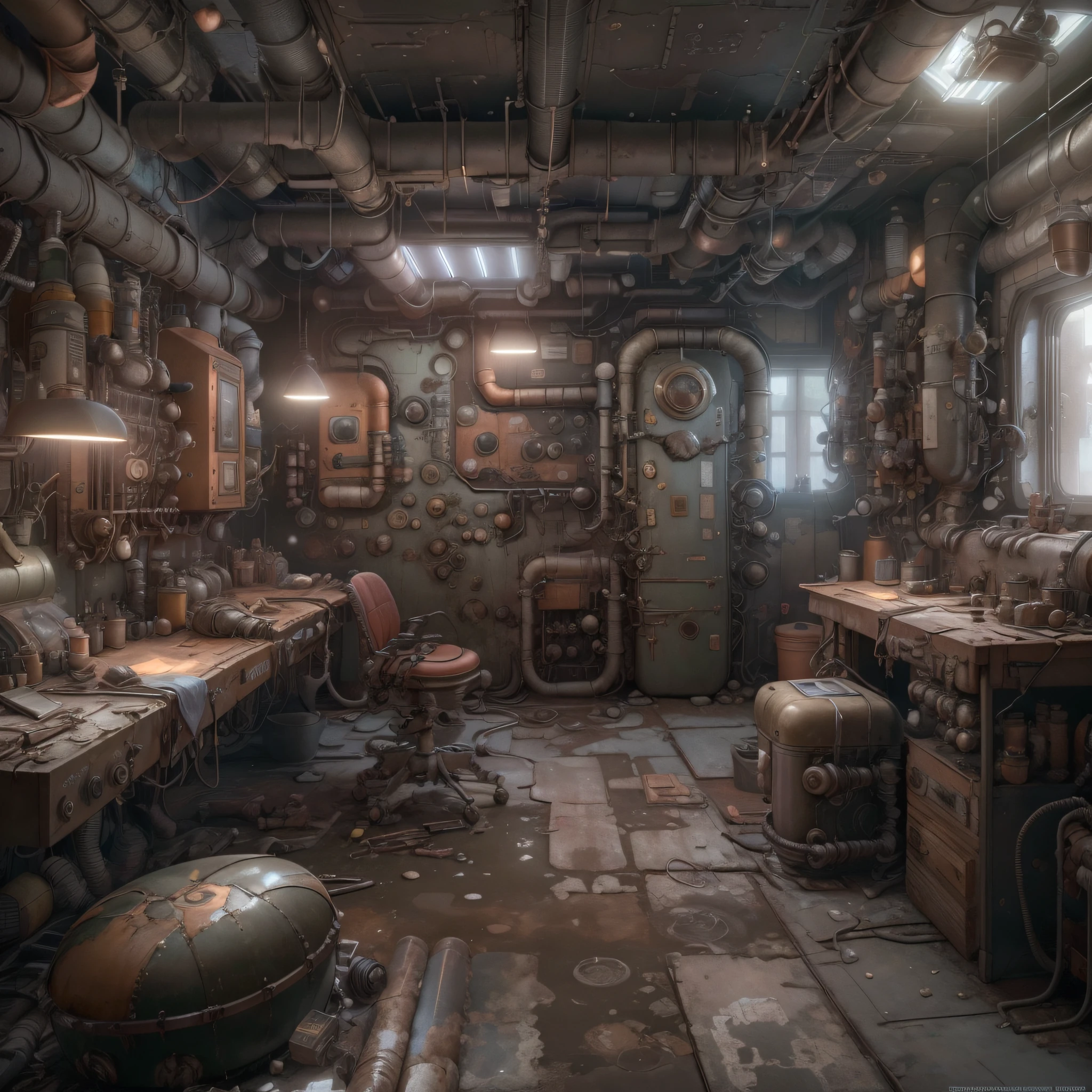 Dieselpunk AI:(Spacious double repair room),(Photorealistic:1.2)