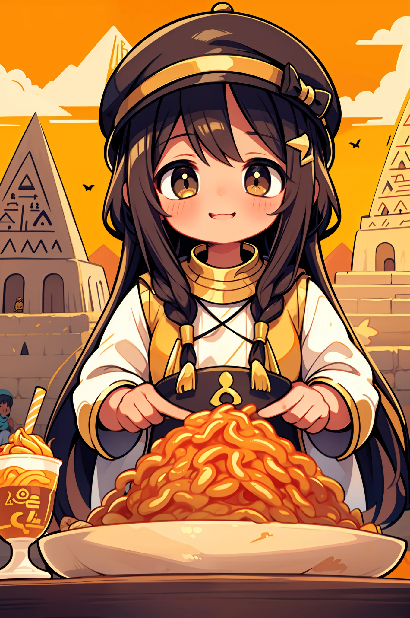 Egypt Tourism、Pyramids and camels、Girl Eating Koshari、happily face、Egyptian clothes and hats、Brown skin、masterpiece、top-quality、Top image quality