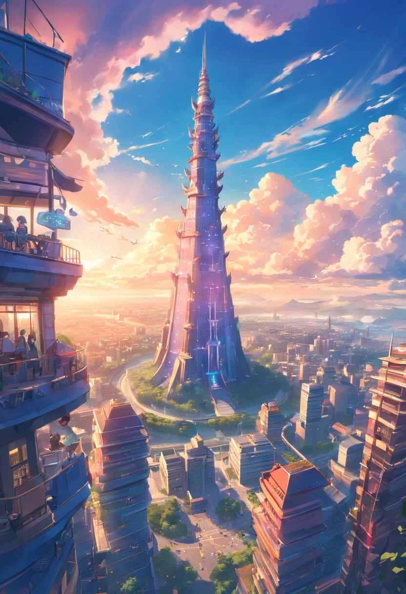 Fantasy Tower of the Land, Sky-high buildings, MagicWorld, cloud, A tower surrounded by magical elements, Magical creatures, Magic Beast, Cinematic, intricately and hyper-detailed, (ultra-detailed CG unity 8k Wallpaper), Shot from below, low angles, one-point perspective