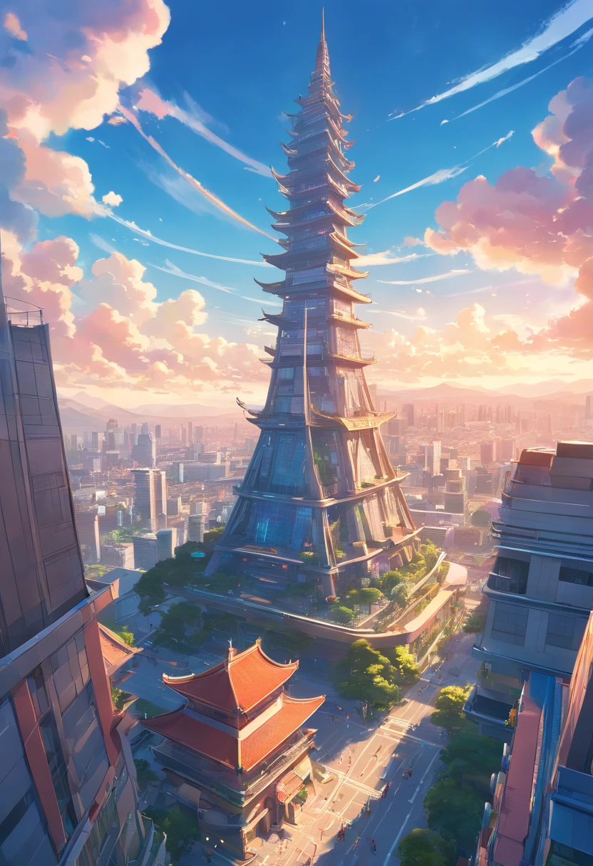 Fantasy Tower of the Land, Sky-high buildings, MagicWorld, cloud, A tower surrounded by magical elements, Magical creatures, Magic Beast, Cinematic, intricately and hyper-detailed, (ultra-detailed CG unity 8k Wallpaper), Shot from below, low angles, one-point perspective