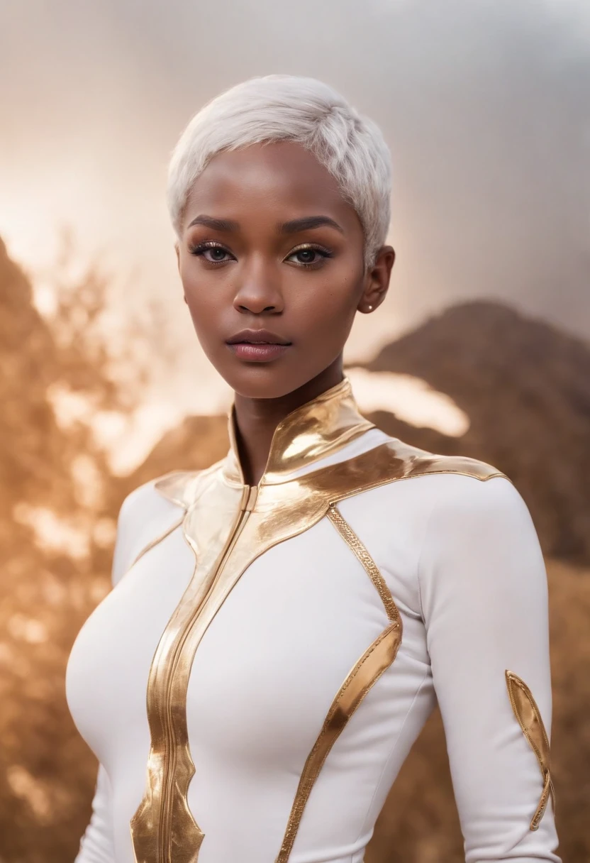 A  girl, dark skin, native American, very short hair with bangs, white hair, liquid golden bodysuit high collar, strong jaw, cheekbones strong, long eyelashes, purple irises, superhero, gold suit no seams, liquid metal gold suit with high collar, superhero suit gold liquid fully covered, native American, freckles, natural white hair, dark skin, gold turtleneck suit, skintight, stark white hair, bushy eyebrows, tan skin, very short hair, spitcurls, side burns curled, no seams in gold suit, collar to jawline, freckles purple eyes, masterpiece, 8k, pixie cut, long bangs, liquid gold bodysuit, full coverage