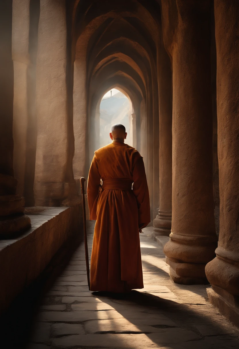Monk, KLoster, fotorealistisch, Farbstil in 4K, hell