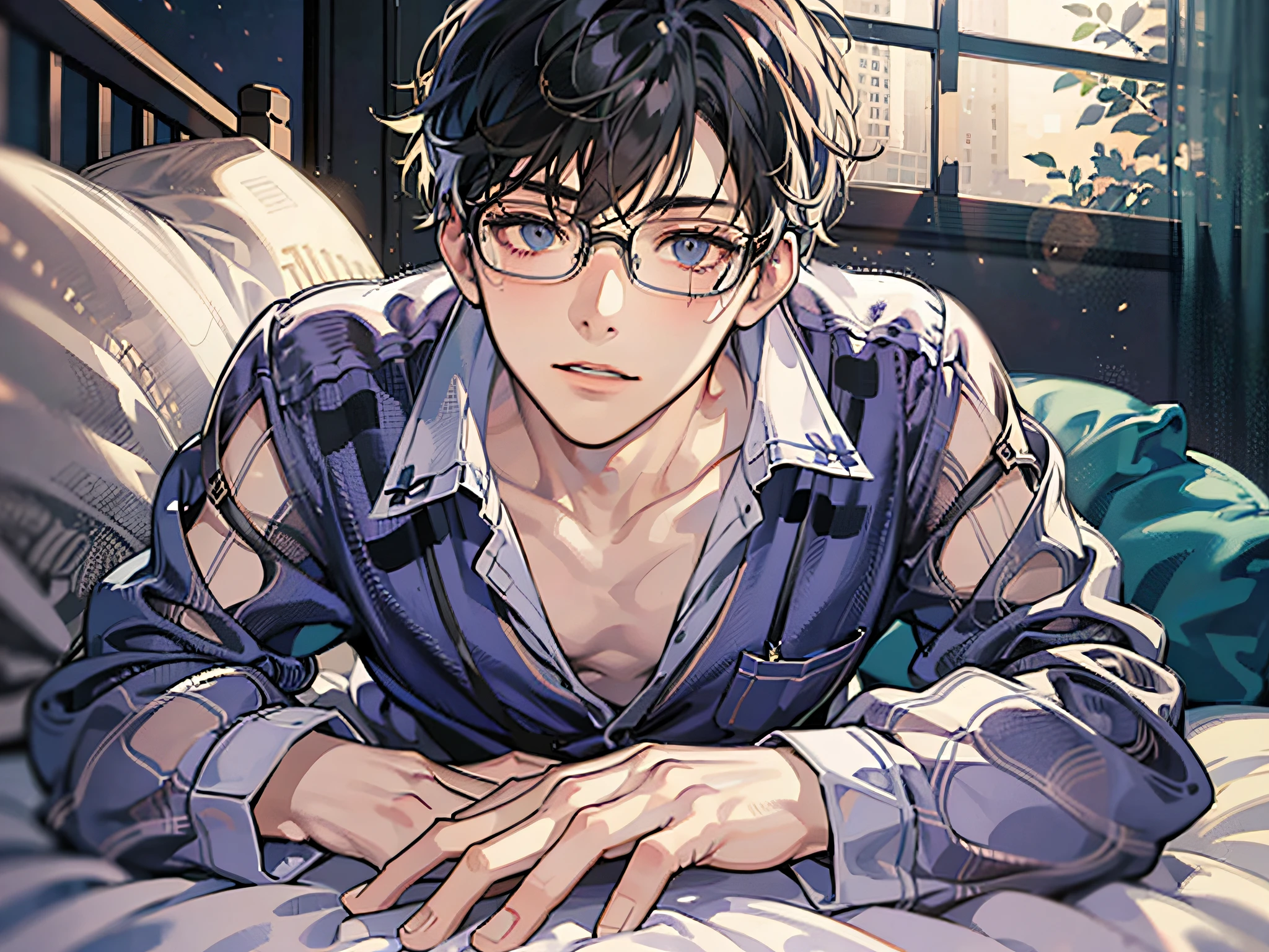 masutepiece, Best Quality, Boy in pajamas lying on bed, Solo, Short hair, finely eye and detailed face, Dark midnight background, Dimly lit bedroom, Glasses, resting on a pillow, Head on pillow, From Side, look at viewr, full-body view,Dynamic Angle
