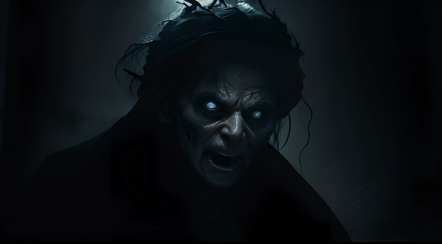 (Ghost) of old women in dark forest, (angry face), (wraith), nightime, creepy, horror, very old, undead crone, incorporeal, Alphonse mucha, screaming, horror art, dread, Best quality, masterpiece, ultra high res, (photorealistic:1.4), unnerving, unsettling, terrifying, 80mm, horror lighting, dynamic action