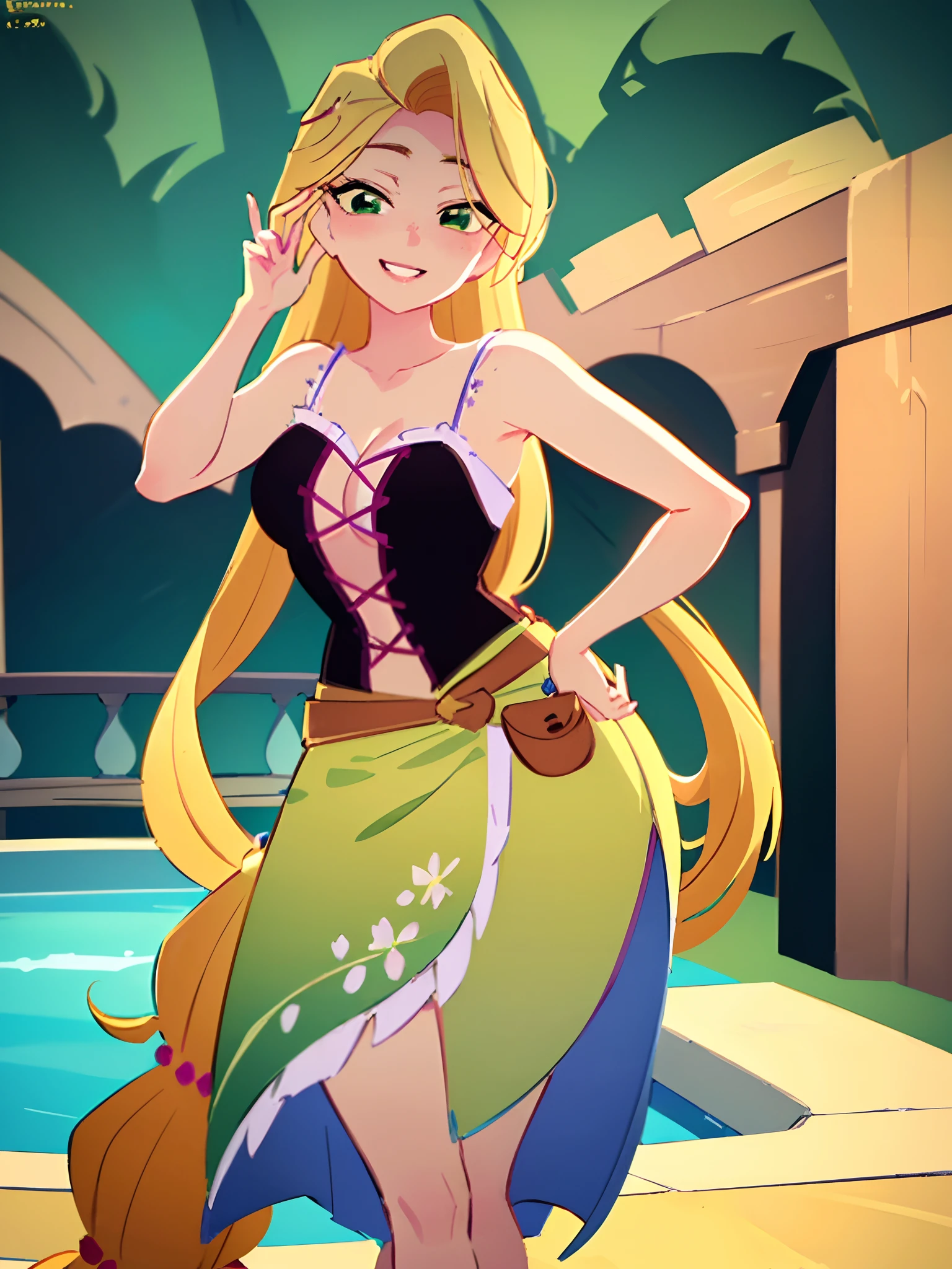 (masterpiece, best quality, high resolution: 1.5) Rapunzel stands up in the pool and kisses the viewer to tease them. rapunzel, stands in the pool, faces the viewer, green island outfit, (loose hair: 1.9), great smile, green eyes, Rapunzel bends over, Rapunzel kisses the viewer