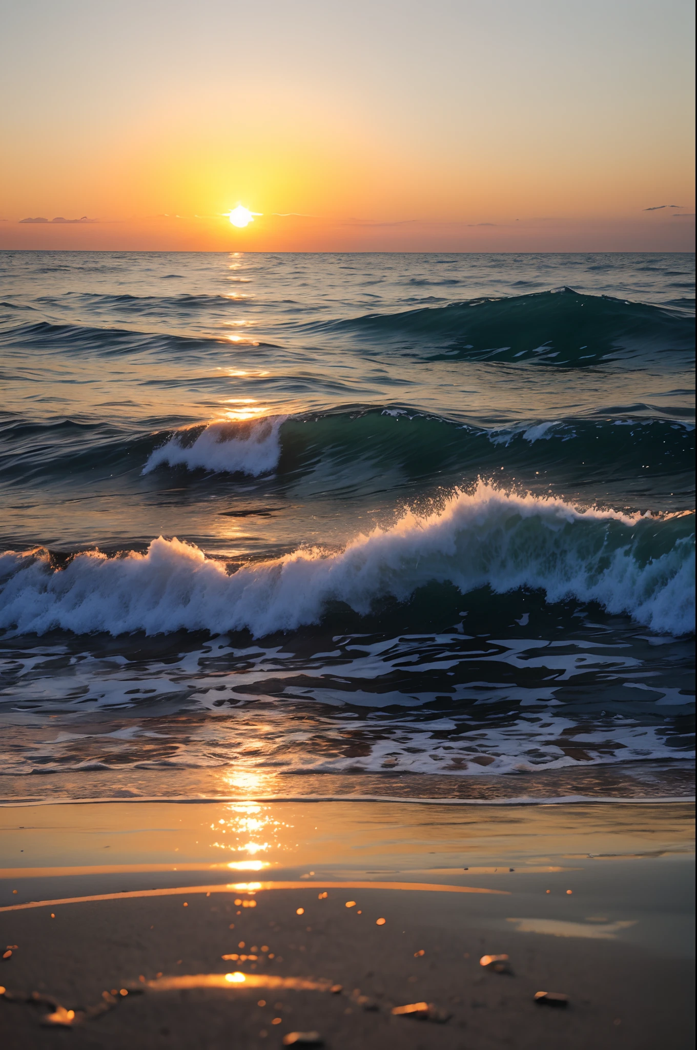 Sunset over the ocean with waves crashing in the foreground - SeaArt AI