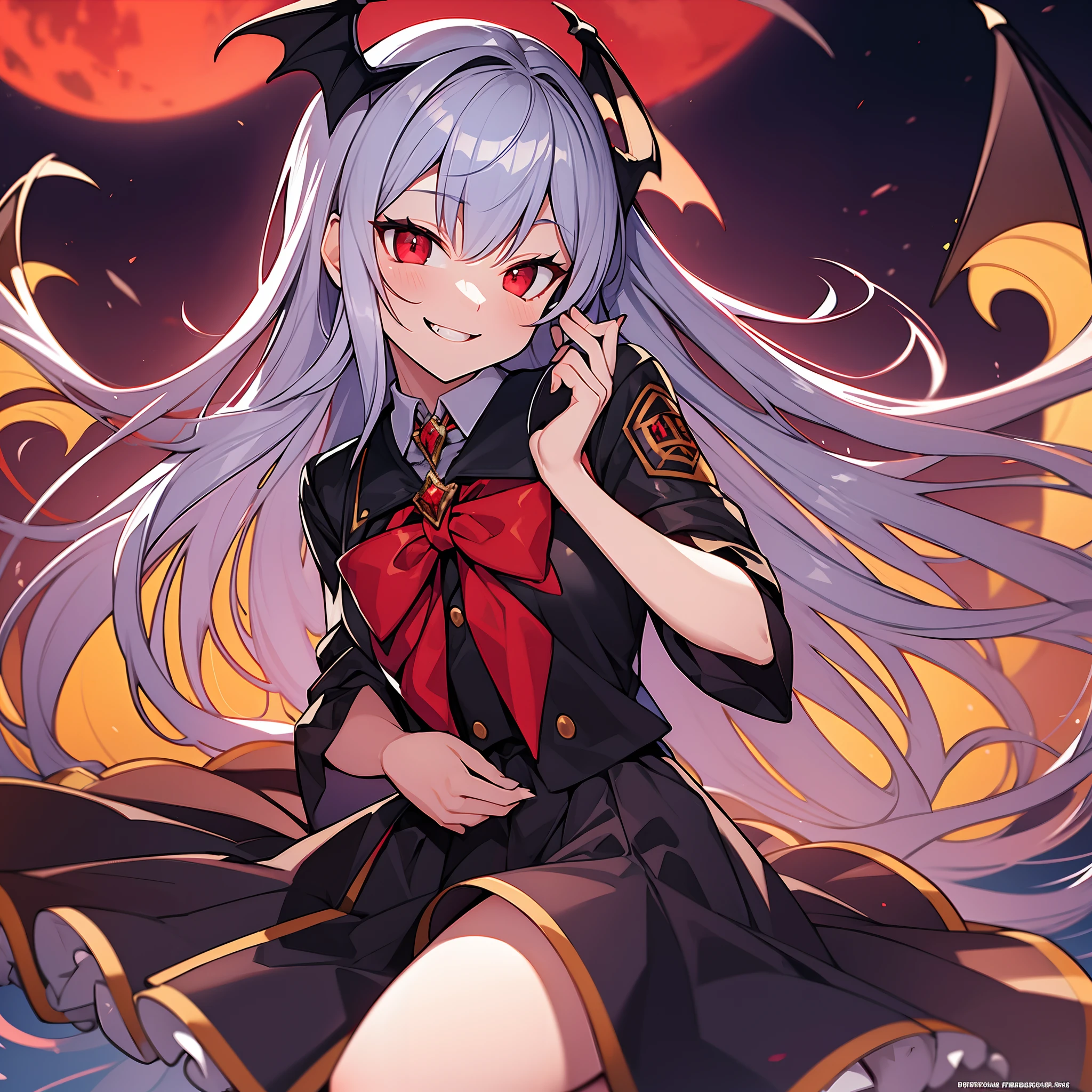 absurderes, superfine illustration,rainboweffect, hight resolution, ultra-detailliert,Light diffusion,highly detailed light reflection, Kaleidoscope, Harmonious, Best Shadow, fullllbody, zoomout, Very detailed very beautiful adult big smile, Red Eyes, Vampire tooth fangs, Boolean surface, Blood from the mouth, Smirk,Bat Wings, Cute smile, Shining red moon, beautiful detailed High school uniform