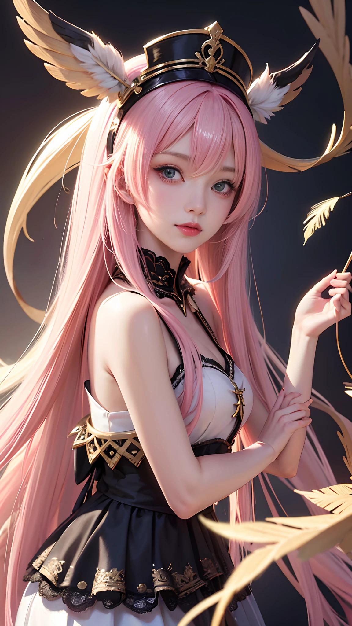 Drawing a woman with long hair and a feather hat, detailed portrait of anime girl, portrait anime girl, Artgerm. High detail, stunning anime face portrait, small breasts, digital anime art, art germ. Anime illustration, detailed digital anime art, anime girl portrait, pink lace, realistic digital art 4k, realistic digital art 4k, realistic, aesthetic, attractive poses,