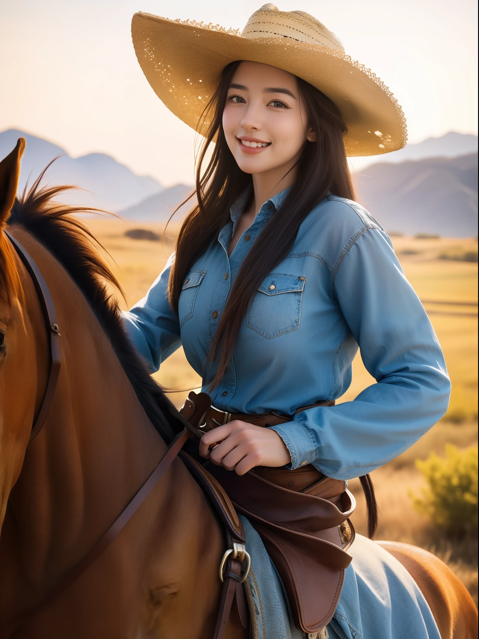 (best quality,8k,realistic,ultra-detailed) A girl wearing a cowgirl outfit and a cowboy hat, riding on a realistic horse while looking at the viewer with a beautiful smile. Vibrant colors and sharp focus capture the scene, bringing it to life. The girl's eyes sparkle with exquisite detail, complemented by her captivating lips. The horse's majestic presence adds depth to the composition. The overall atmosphere is reminiscent of a Western landscape, with a hint of adventure and freedom. The light softly illuminates the girl's face, creating a warm and inviting ambiance. It's a masterpiece that combines the charm of a cowgirl's spirit with the power and elegance of a horse.