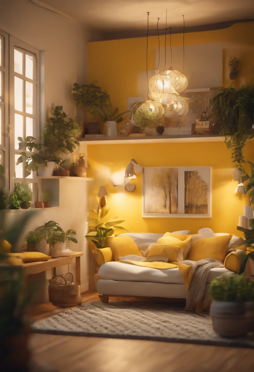 Insanely detailed dollhouse, Cozy bedroom, cute 3d render, Attractive lights and shadows, White and yellow cushions, architecture, furniture, Indoors, building, livingroom, Room, rug, Plants, Home Decor, sofa, Chair, interior design
