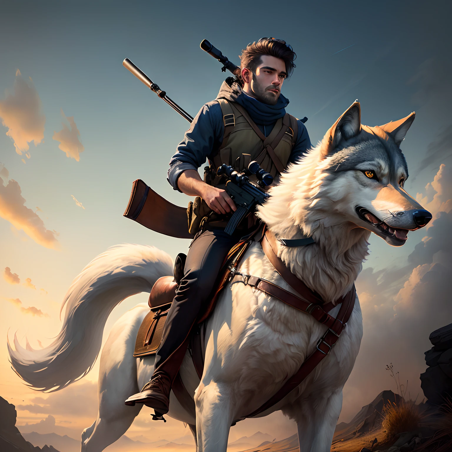 Man riding a wolf and holding a sniper rifle